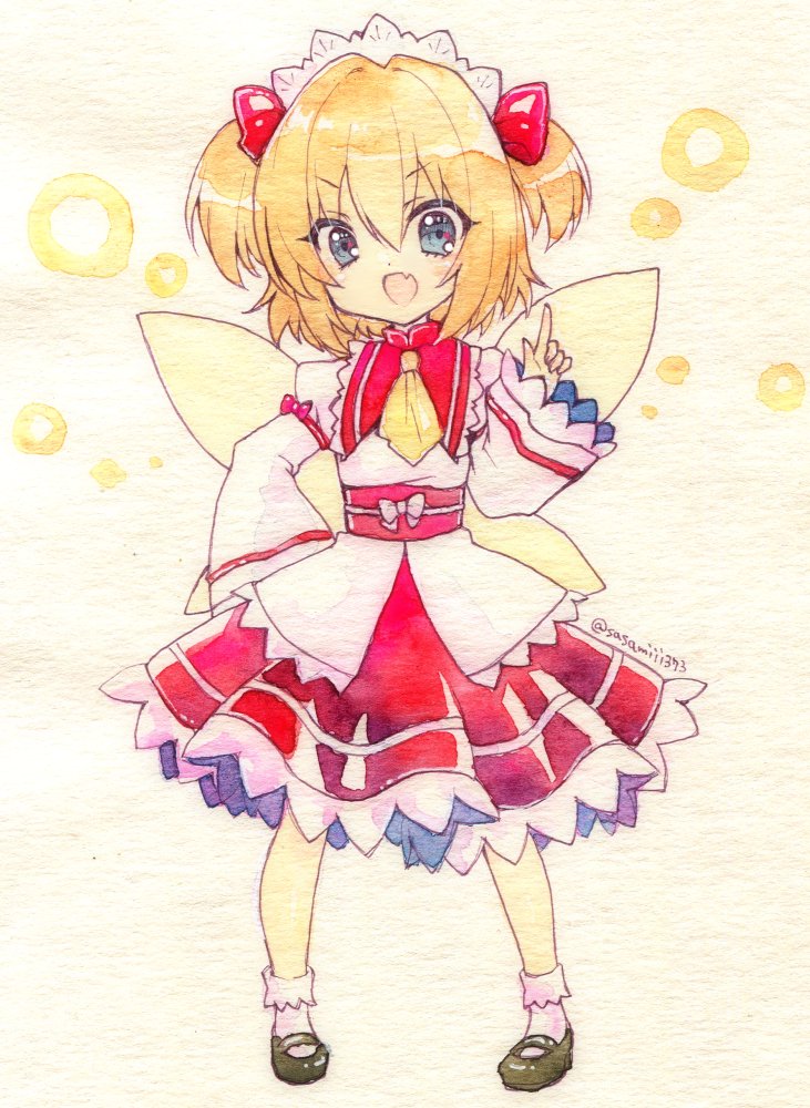 1girl blue_eyes dress fairy_wings fang full_body hair_ribbon long_sleeves looking_at_viewer one-hour_drawing_challenge open_mouth red_dress red_ribbon redhead ribbon sasamiii373 smile solo standing sunny_milk tiara touhou traditional_media two_side_up white_background wings