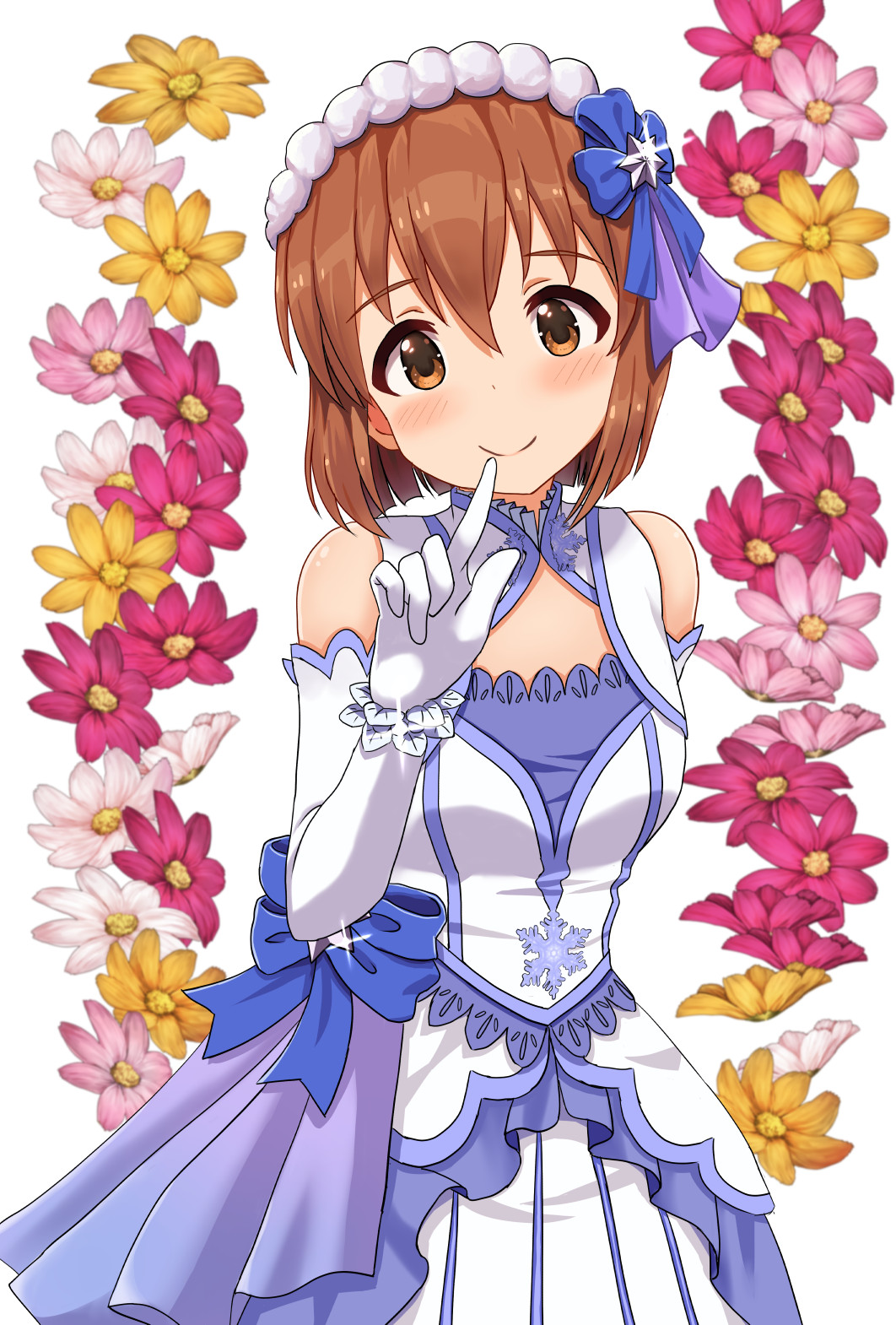 1girl arm_behind_back bare_shoulders blush brown_eyes brown_hair closed_mouth dress finger_to_mouth floral_background hagiwara_yukiho hair_ornament highres idolmaster idolmaster_(classic) idolmaster_million_live! idolmaster_million_live!_theater_days mimikaki_(men_bow) sash short_hair smile snowflakes solo standing star_(symbol)