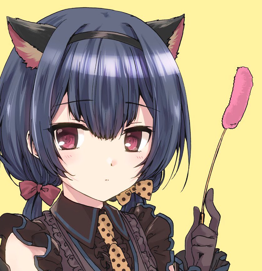 1girl animal_ears black_gloves black_hair blush bow cat_ears cat_girl cat_teaser closed_mouth frills gloves hairband idolmaster idolmaster_shiny_colors kuroi_mimei long_sleeves looking_at_viewer low_twintails morino_rinze necktie polka_dot red_eyes red_ribbon ribbon scrunchie short_hair short_sleeves simple_background solo twintails yellow_background yellow_ribbon