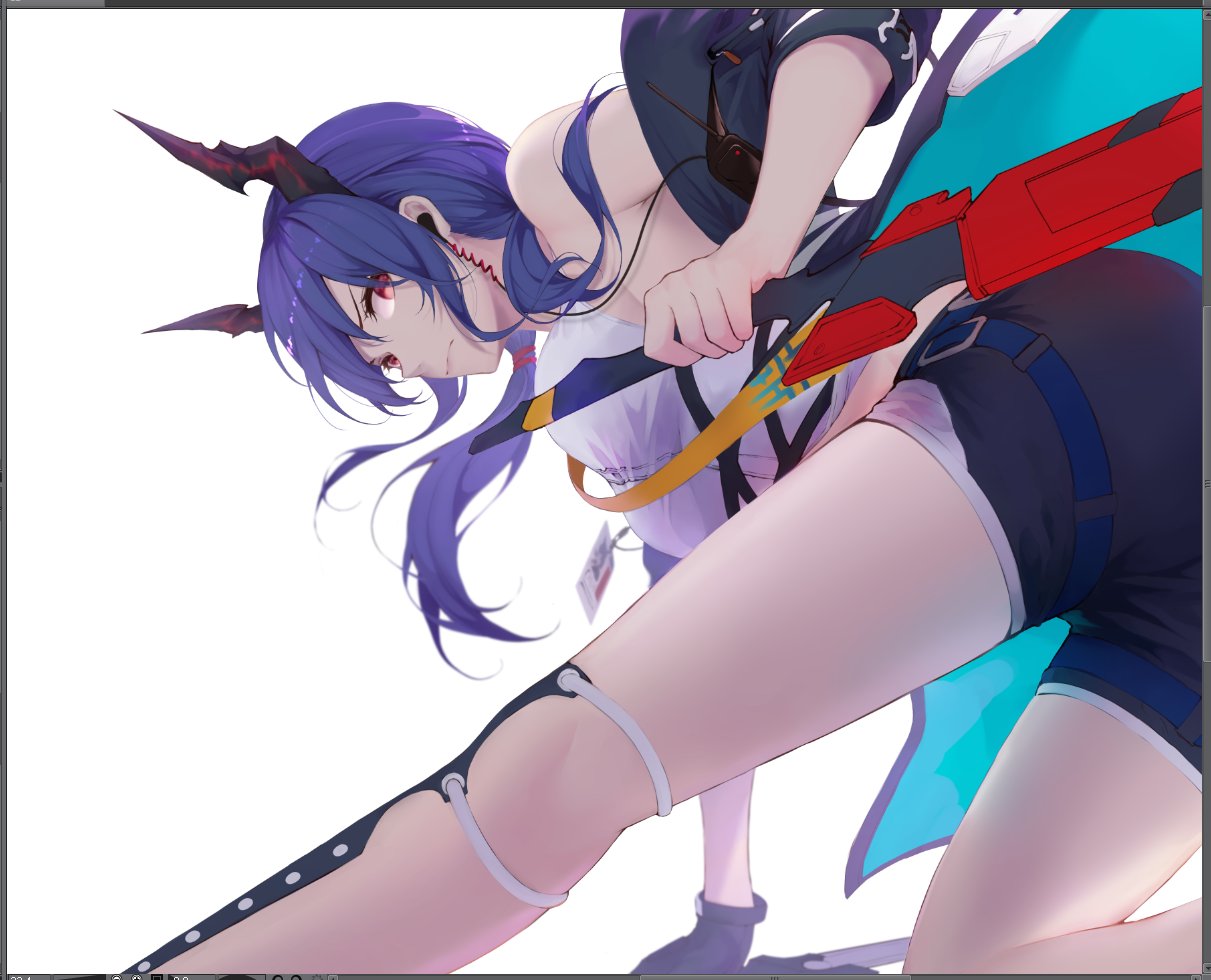 1girl arknights blue_hair brown_eyes ch'en_(arknights) closed_mouth earpiece gloves holding holding_sword holding_weapon horns long_hair looking_at_viewer looking_back name_tag scal2let shirt shorts simple_background single_glove solo sword twintails unfinished weapon white_background