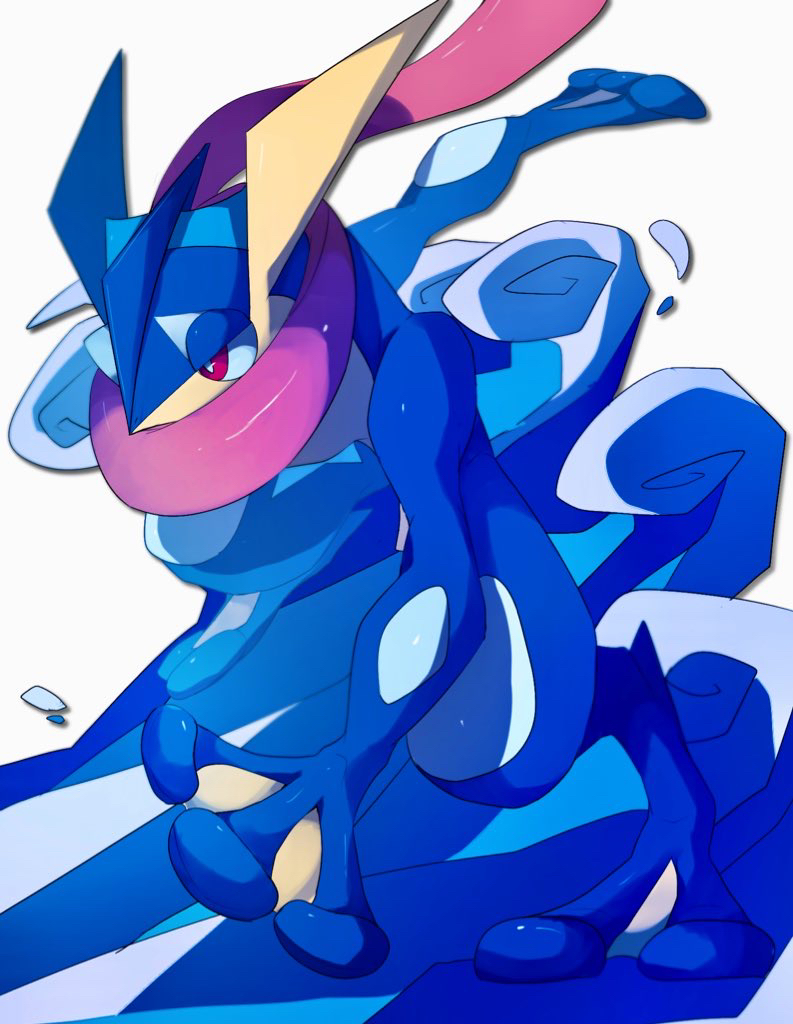 arm_behind_back covered_mouth full_body greninja kou11021301 looking_ahead no_humans pokemon pokemon_(creature) red_eyes solo squatting tongue tongue_out v-shaped_eyebrows waves white_background