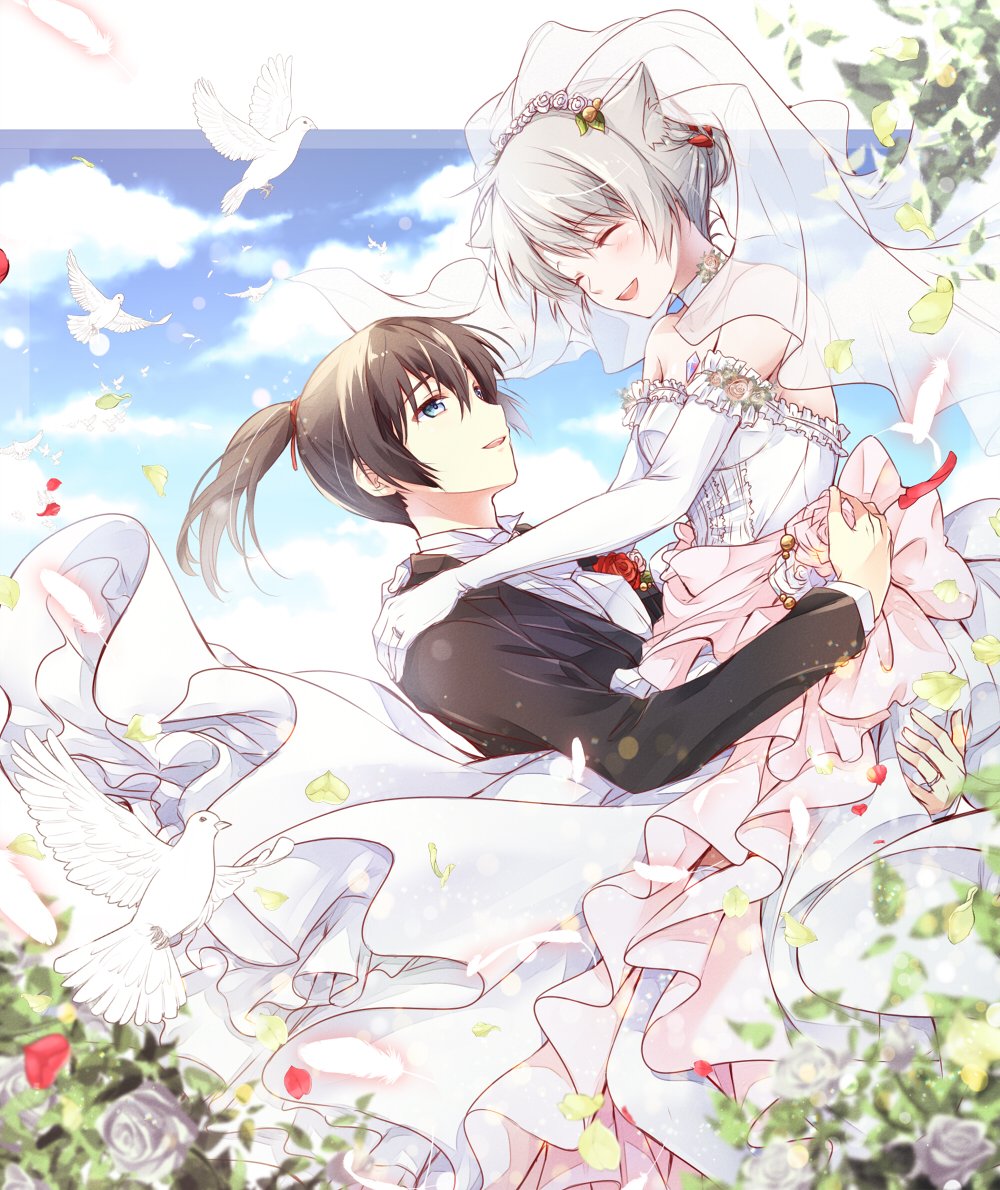 1boy 1girl animal animal_ears bare_shoulders bird black_hair black_jacket blue_eyes blush bridal_veil bride carrying carrying_person cat_ears closed_eyes commentary_request detached_sleeves dove dress elbow_gloves flower formal frills gloves grey_hair groom hetero jacket jewelry long_hair long_sleeves looking_at_another mio_(xenoblade) noah_(xenoblade) petals ponytail ring rose shirt smile suit ui_frara veil wedding wedding_dress wedding_ring white_dove white_dress white_flower white_gloves white_rose white_shirt xenoblade_chronicles_(series) xenoblade_chronicles_3