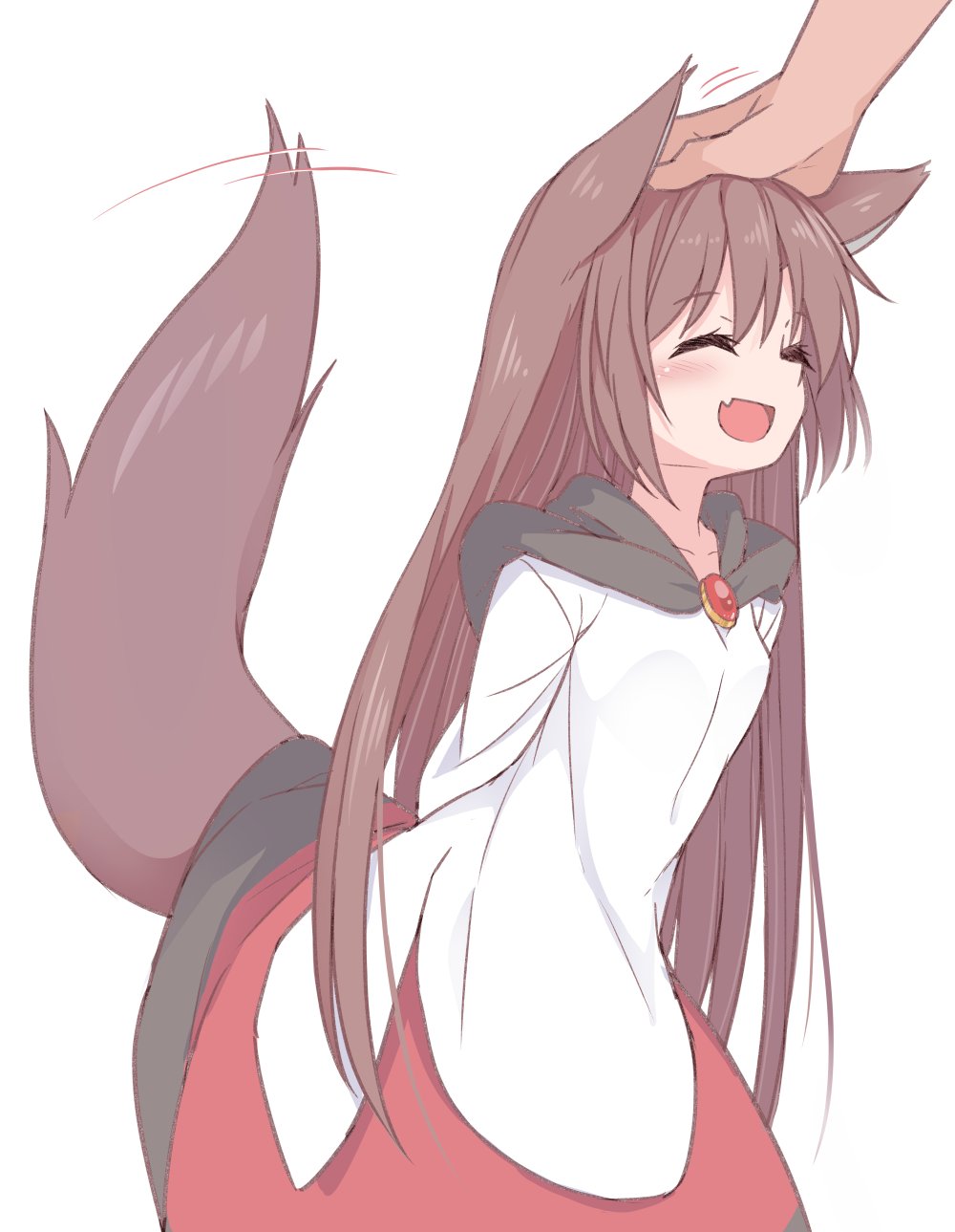 1girl :d ^_^ animal_ears arms_behind_back brown_hair closed_eyes fang hand_on_another's_head headpat highres imaizumi_kagerou kazawa_(tonzura-d) long_hair long_sleeves neckerchief red_skirt shirt simple_background skin_fang skirt smile tail tail_wagging touhou white_background white_shirt wolf_ears wolf_girl wolf_tail