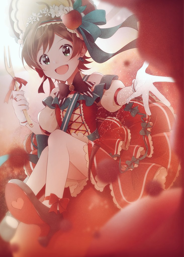 1girl ankle_ribbon apple brown_hair dress earrings flower food fork fruit gloves green_eyes hair_flower hair_ornament high_heels holding holding_fork hut idolmaster idolmaster_million_live! idolmaster_million_live!_theater_days jewelry kinoshita_hinata layered_dress leg_ribbon looking_at_viewer nangolf open_mouth puffy_short_sleeves puffy_sleeves reaching_towards_viewer ribbon short_hair short_sleeves sitting smile solo white_gloves