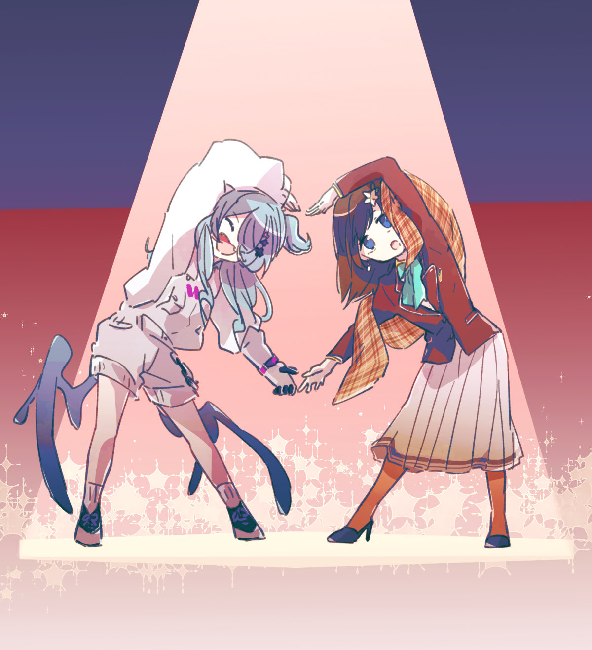 2girls :d :o blazer blue_background blue_eyes blue_footwear blue_hair blue_necktie brown_hair brown_jacket brown_thighhighs closed_eyes commentary elira_pendora english_commentary facing_viewer fang flower gloves hair_flower hair_ornament hair_over_one_eye hana_macchia head_wings heart_arms_duo high_heels highres jacket leaning_to_the_side long_hair looking_at_viewer low_wings medium_hair multicolored_background multiple_girls necktie nijisanji nijisanji_en nijisanji_id one_eye_covered open_mouth overall_shorts overalls red_background shirt shoes simple_background single_glove skirt sleeves_past_wrists smile spotlight standing sweater thigh-highs ul_ul00 virtual_youtuber white_gloves white_shirt white_skirt white_sweater wings