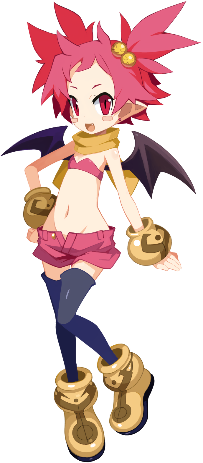 1girl bandeau black_thighhighs blush_stickers bracelet demon_girl demon_wings disgaea disgaea_rpg earrings fang flat_chest full_body hair_bobbles hair_ornament hanako_(disgaea) highres jewelry navel non-web_source official_art open_fly open_mouth photoshop_(medium) pink_hair pink_shorts pointy_ears red_eyes scarf short_hair shorts slit_pupils solo stud_earrings thigh-highs transparent_background wings yellow_scarf