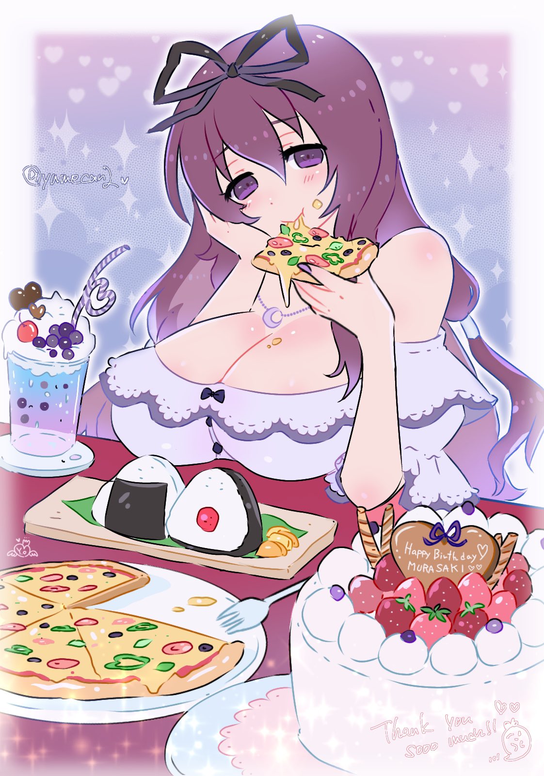 1girl birthday_cake breasts cake crescent_necklace drinking_straw eating food fork highres jewelry large_breasts long_hair looking_at_viewer murasaki_(senran_kagura) necklace pizza purple_hair purple_theme senran_kagura senran_kagura_estival_versus smoothie sushi twitter_username violet_eyes y.o_(chuchu)