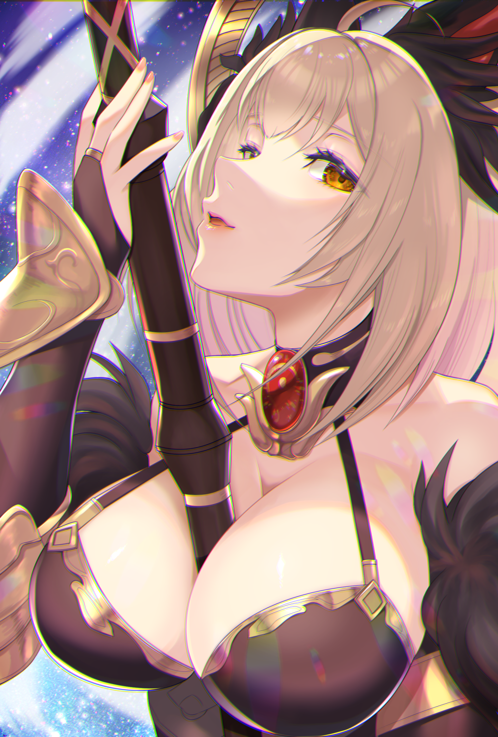 1girl animal_ears between_breasts black_dress blonde_hair breasts choker dress eko granblue_fantasy hecate_(granblue_fantasy) highres jewelry large_breasts looking_at_viewer mature_female nail_polish seductive_smile short_hair smile star_(sky) yellow_eyes