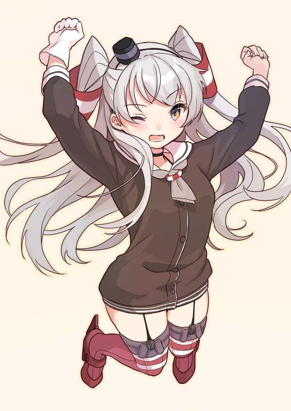 1girl amatsukaze_(kancolle) brown_dress brown_eyes dress full_body garter_straps gloves grey_hair grey_neckerchief hair_tubes hat jumping kantai_collection lifebuoy lifebuoy_ornament long_hair looking_at_viewer mini_hat mitsuyo_(mituyo324) neckerchief one_eye_closed red_thighhighs sailor_dress short_dress simple_background single_glove smokestack_hair_ornament solo striped striped_thighhighs thigh-highs two_side_up white_background