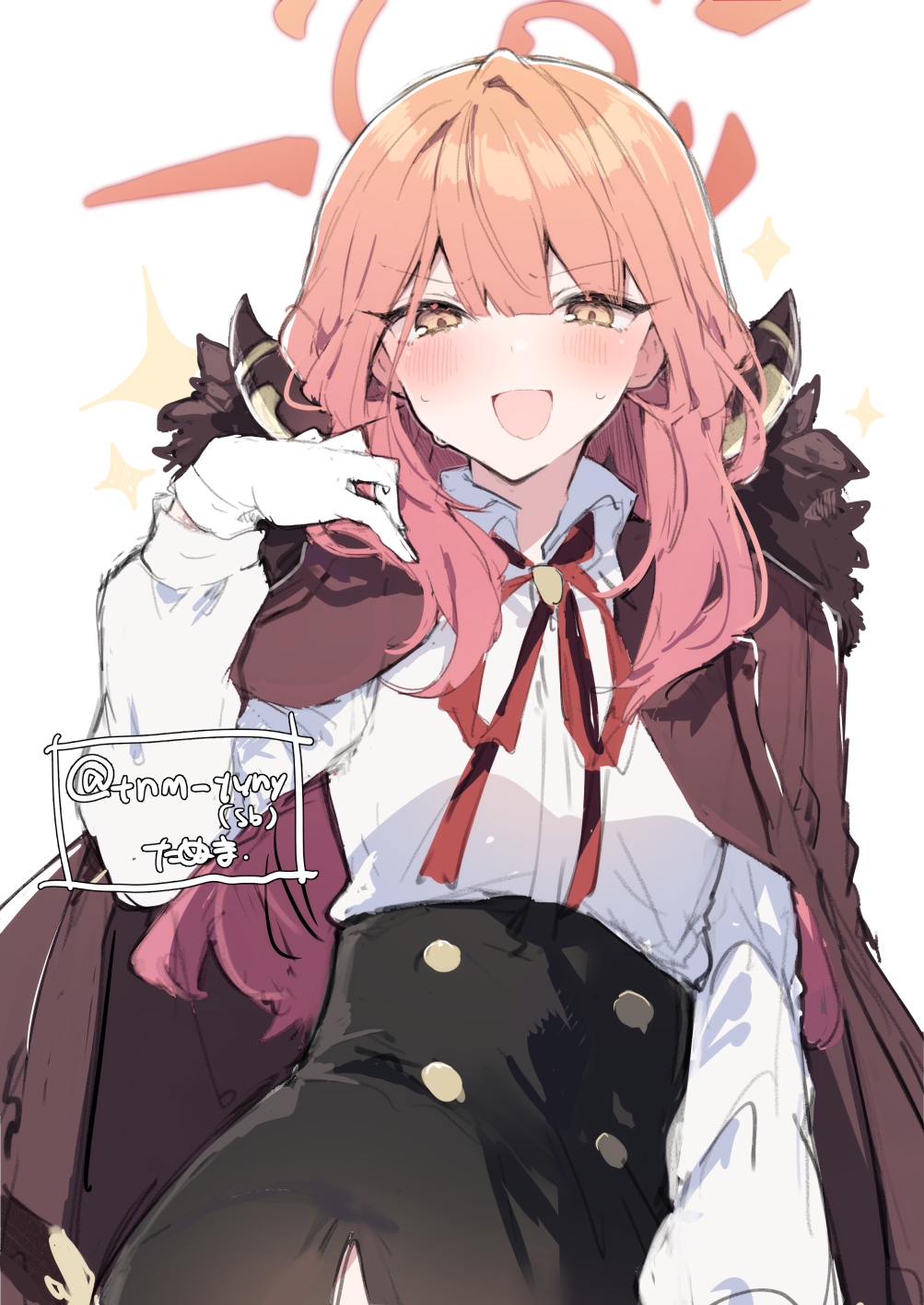 1girl :d aru_(blue_archive) black_skirt blue_archive blush brown_coat coat coat_on_shoulders collared_shirt demon_horns fur-trimmed_coat fur_trim gloves hair_between_eyes halo high-waist_skirt highres horns ikeuchi_tanuma long_hair long_sleeves looking_at_viewer neck_ribbon open_mouth pink_hair red_ribbon ribbon shirt signature simple_background skirt smile solo sparkle sweatdrop twitter_username upper_body white_background white_gloves white_shirt yelow_eyes