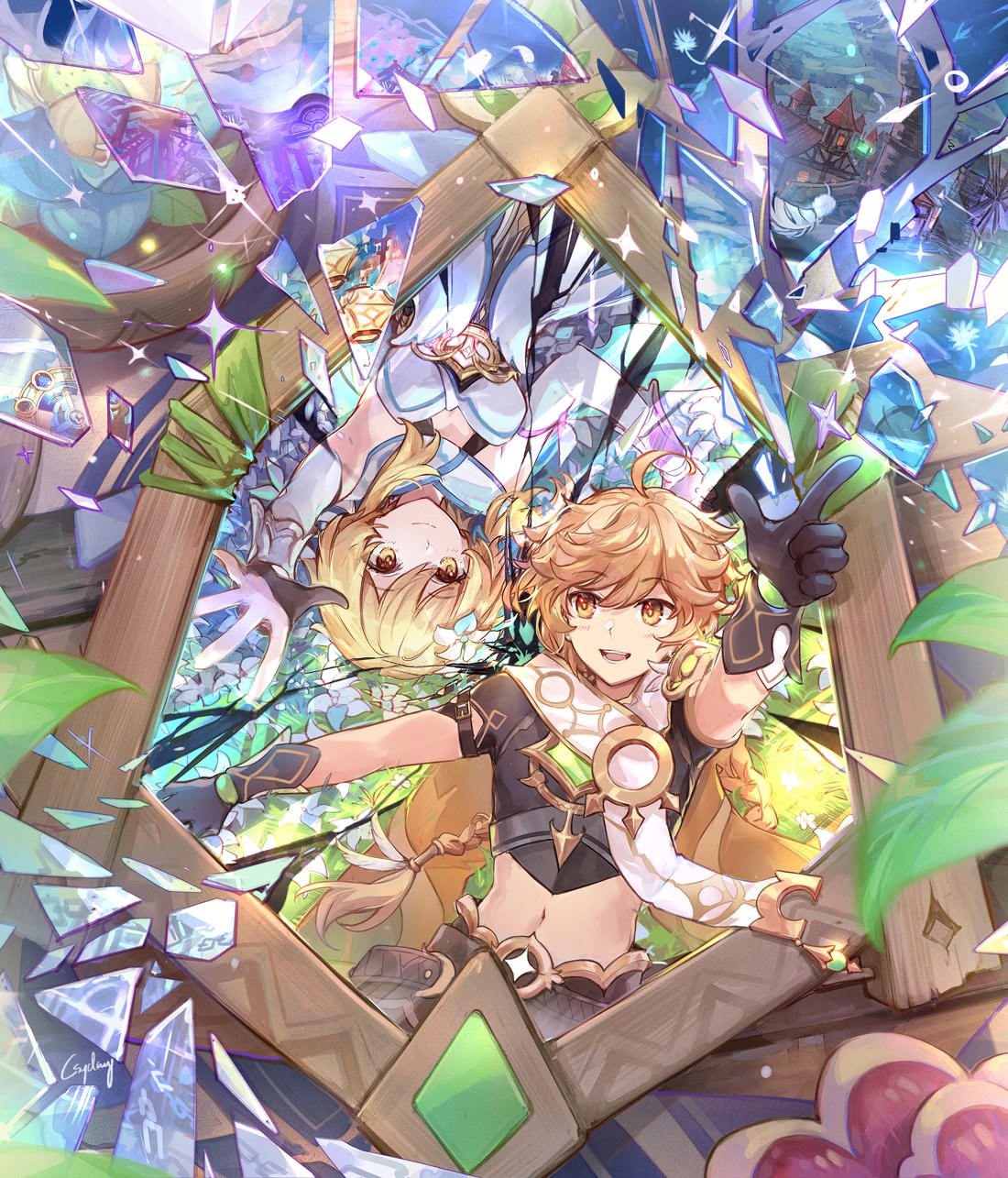 1boy 1girl aether_(genshin_impact) ahoge arm_up artist_name bare_shoulders black_gloves black_pants black_shirt blonde_hair blue_sky braid breasts broken_glass brother_and_sister closed_mouth clouds cloudy_sky csyday detached_sleeves dress earrings feather_hair_ornament feathers flower genshin_impact glass gloves grass hair_between_eyes hair_flower hair_ornament hand_up hands_up highres house index_finger_raised jewelry leaf long_sleeves looking_at_another lumine_(genshin_impact) lying medium_breasts navel on_back open_mouth pants scarf shirt short_hair short_hair_with_long_locks short_sleeves siblings sidelocks single_earring sky smile sparkle star_(symbol) teeth tongue vision_(genshin_impact) white_dress white_flower white_scarf window yellow_eyes