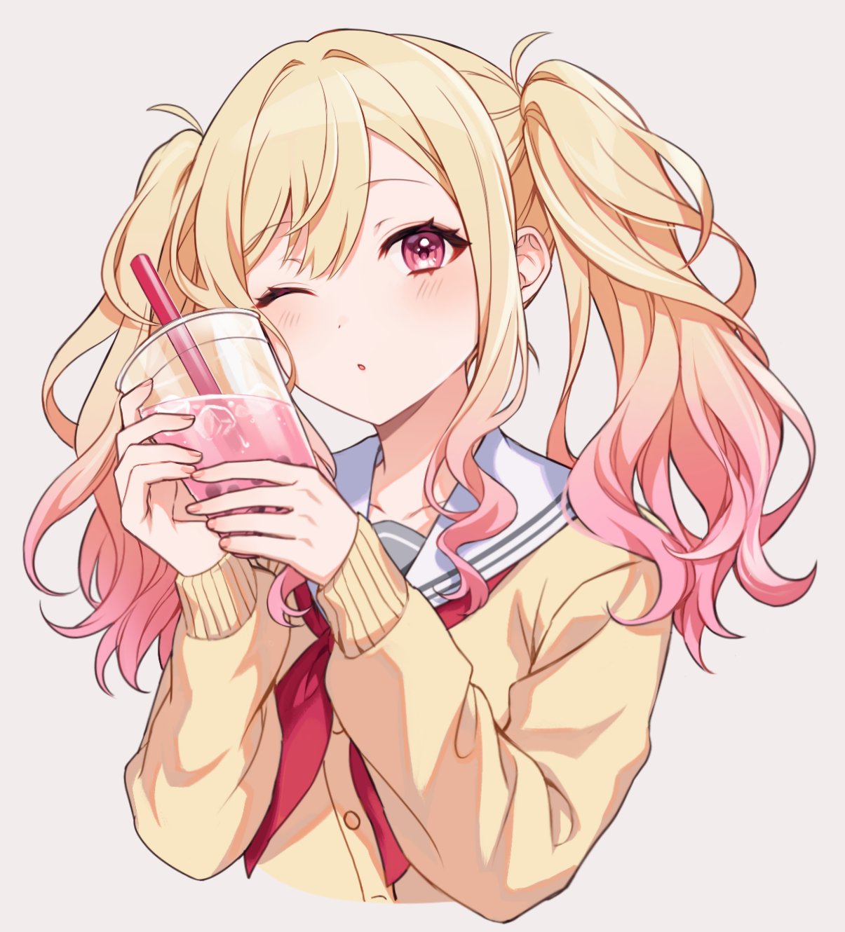 blonde_hair blush bubble_tea buttons collarbone highres kheng_(k_heng1223) long_hair long_sleeves looking_at_viewer multicolored_hair one_eye_closed open_mouth pink_hair project_sekai red_eyes ribbon school_uniform tenma_saki twintails two-tone_hair