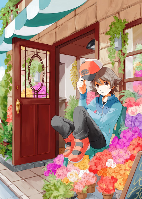 1boy black_shirt blue_jacket brown_eyes brown_hair building chair closed_mouth commentary_request day door florist flower hat hilbert_(pokemon) holding holding_clothes holding_hat jacket long_sleeves looking_at_viewer male_focus niimura_(csnel) outdoors poke_ball_print pokemon pokemon_(game) pokemon_bw red_footwear red_headwear shirt shoes short_hair sitting smile solo window