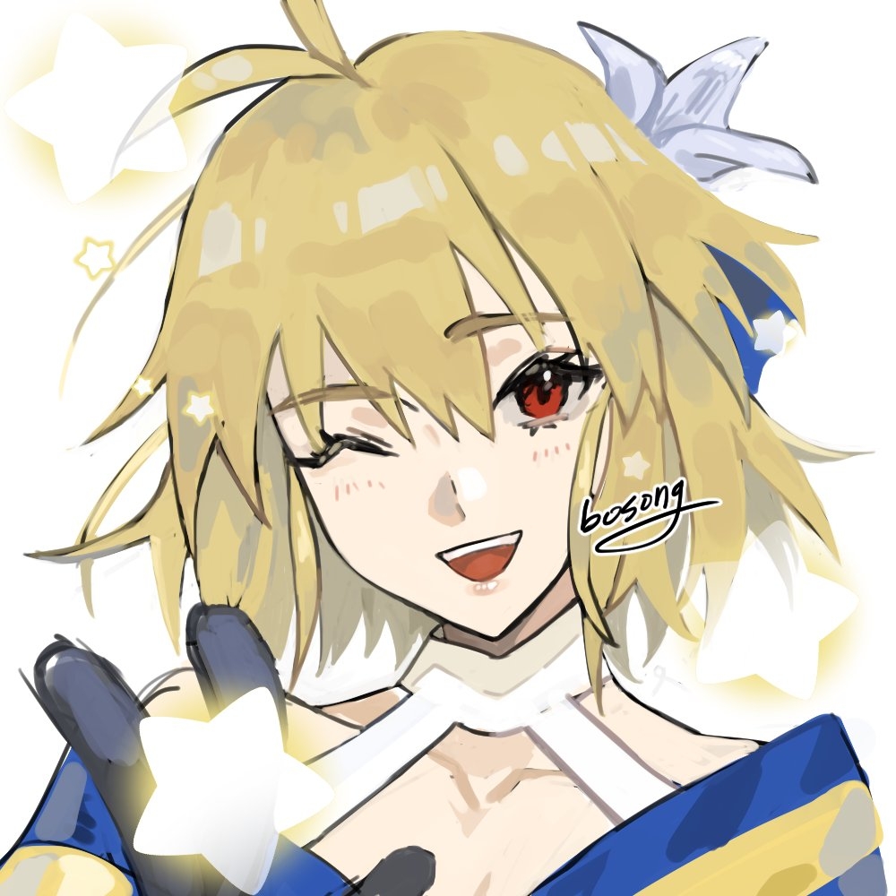 1girl :d antenna_hair archetype_earth arcueid_brunestud black_gloves blonde_hair collarbone dress fate/grand_order fate_(series) flower gloves hair_flower hair_ornament looking_at_viewer one_eye_closed red_eyes short_hair signature simple_background smile solo star_(symbol) teeth tsukihime user_gpsy5278 v white_background white_dress white_flower