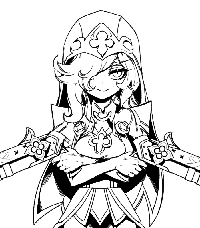 1girl breasts cape closed_mouth cowboy_shot freckles greyscale gun habit hair_over_one_eye holding holding_gun holding_weapon league_of_legends long_hair medium_breasts miss_fortune_(league_of_legends) monochrome phantom_ix_row simple_background smile solo weapon white_background