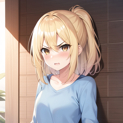 angry blonde_hair blue_shirt breasts brown_eyes emoji emoticon highres looking_at_viewer manywatermelon open_mouth plant ponytail solo white_skin wooden_wall