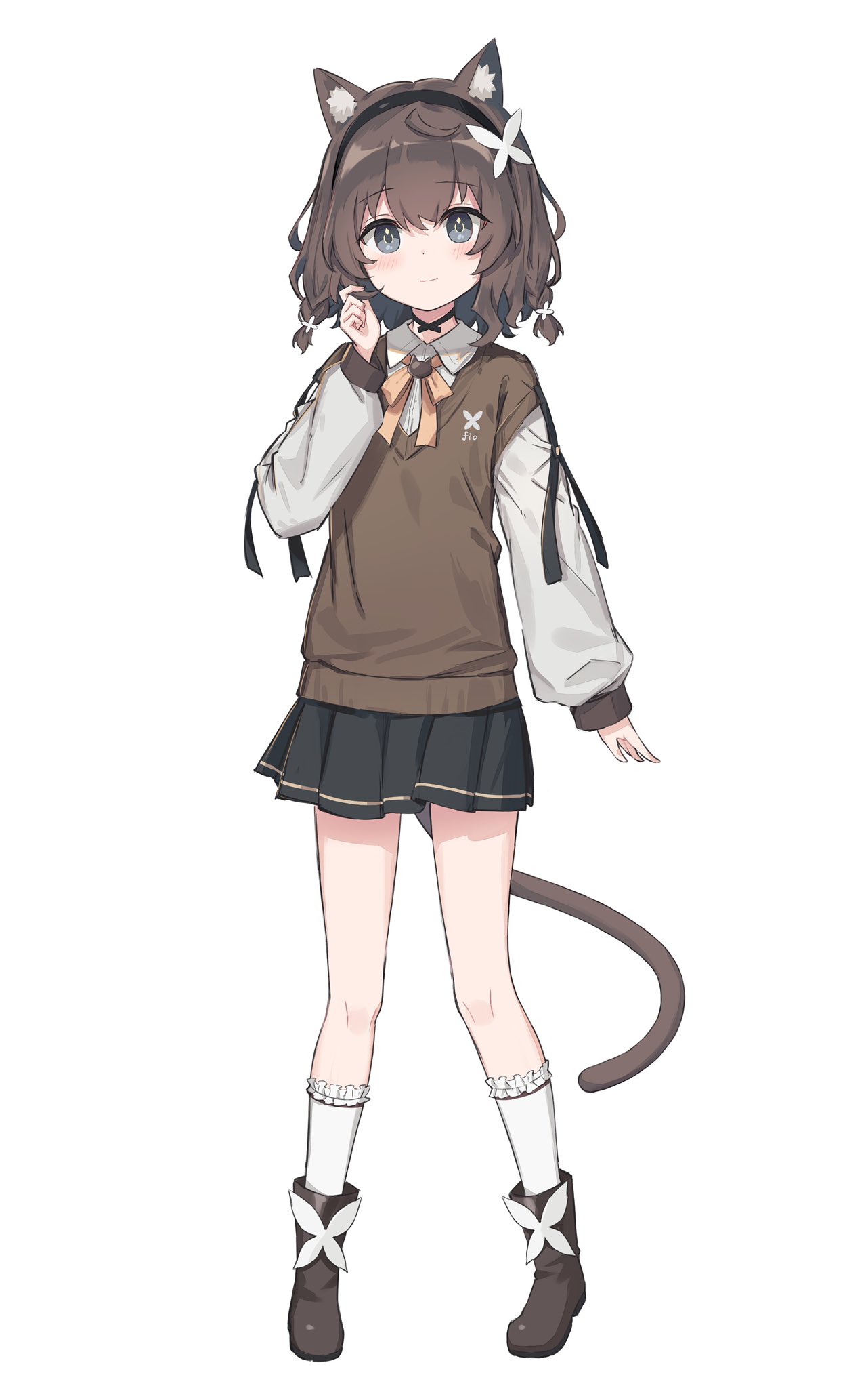 1girl animal_ear_fluff animal_ears black_footwear black_hairband black_skirt boots brown_hair brown_sweater_vest cat_ears cat_girl cat_tail collared_shirt grey_eyes hairband highres kurioshi_fio long_sleeves miniskirt original puffy_long_sleeves puffy_sleeves satou_(3366_s) shirt simple_background skirt smile sweater_vest tail white_background white_shirt