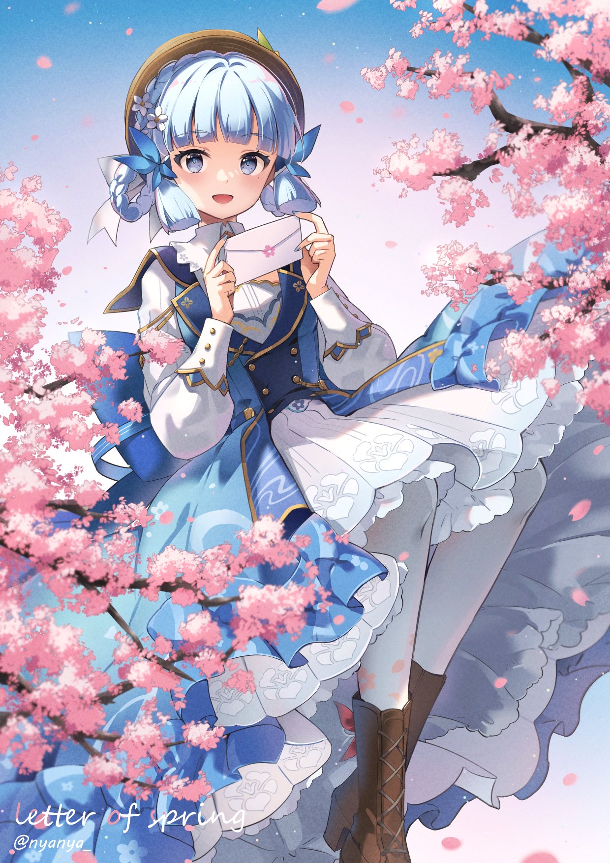 1girl artist_name back_bow blue_bow blue_bowtie blue_dress blue_eyes blue_hair blunt_bangs blunt_tresses bow bowtie braid breasts bug butterfly butterfly_hair_ornament cherry_blossoms collar commentary cross-laced_footwear dress english_text flower genshin_impact hair_flower hair_ornament hand_up hat hat_ribbon high_collar highres holding holding_letter kamisato_ayaka kamisato_ayaka_(springbloom_missive) letter light_blue_hair long_sleeves looking_at_viewer mole mole_under_eye nyanya official_alternate_costume official_alternate_hairstyle outdoors pantyhose parted_lips puffy_long_sleeves puffy_sleeves ribbon sitting smile solo white_collar white_pantyhose white_ribbon