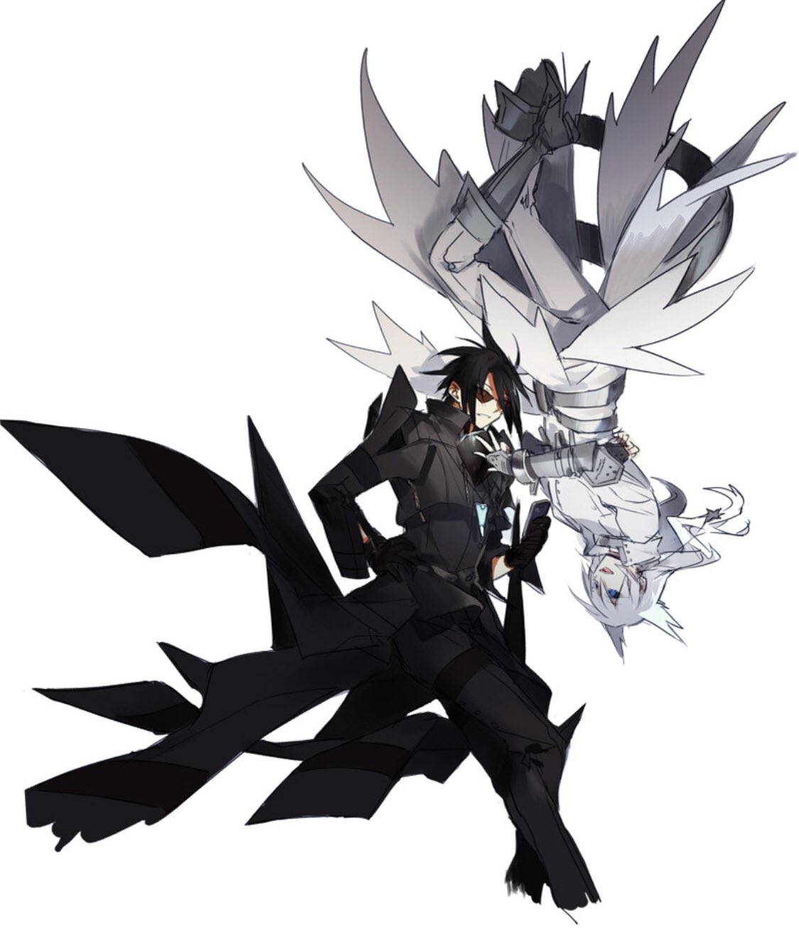 2boys bad_id bad_pixiv_id black_gloves black_hair blue_eyes boots elbow_gloves gloves grey_footwear hand_on_hip highres jacket multiple_boys open_mouth pale_skin personification pokemon reshiram second-party_source simple_background spiky_hair starshadowmagician sunglasses upside-down white_background white_hair yara_kami_meiosei zekrom