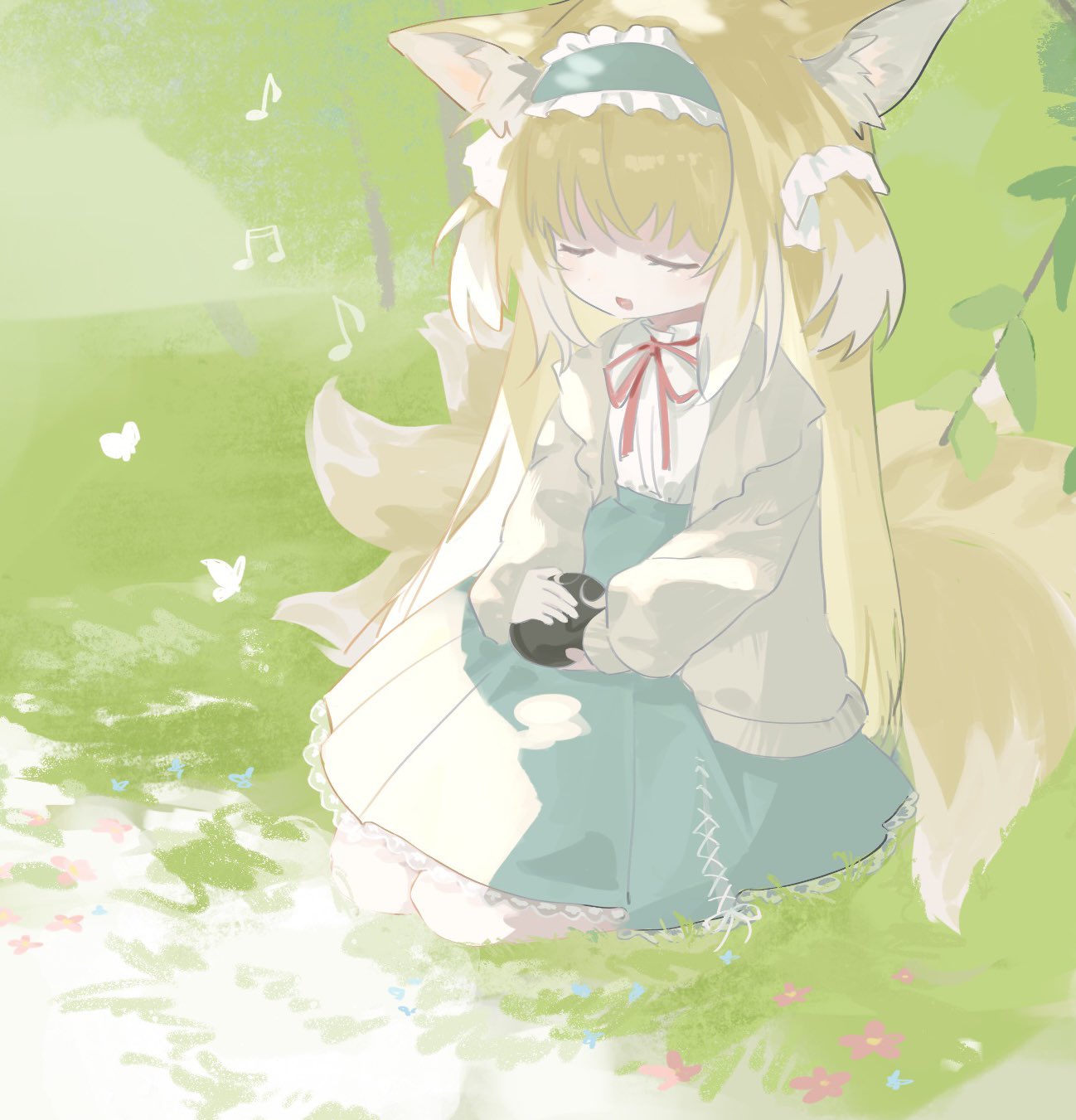 1girl animal_ears arknights black_cat blonde_hair blue_hairband blue_skirt bug butterfly cardigan cat closed_eyes creature flower fox_ears fox_girl fox_tail frilled_hairband frills full_body grasslands grey_cardigan hair_ornament hair_scrunchie hairband heixiu highres holding holding_creature kitsune knees kyuubi long_sleeves multicolored_hair multiple_tails musical_note nature neck_ribbon nemuri_oekaki official_alternate_costume open_cardigan open_clothes open_mouth outdoors petting puffy_long_sleeves puffy_sleeves red_ribbon ribbon scrunchie seiza shirt sitting skirt sleeve_cuffs solo stitches suzuran_(arknights) suzuran_(spring_praise)_(arknights) tail two-tone_hair white_hair white_shirt