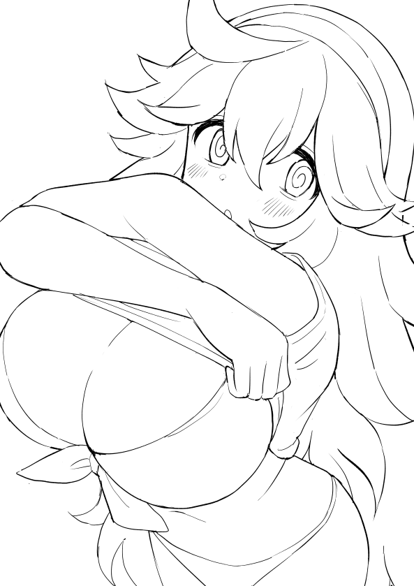 1girl bra breasts clothes_lift headband hex_maniac_(pokemon) large_breasts long_hair looking_at_viewer monochrome navel panties perapera shirt short_sleeves sweater sweater_lift underwear very_long_hair white_background