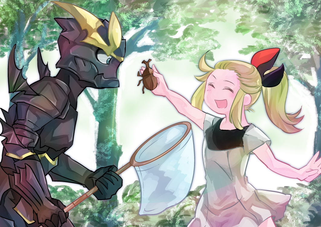 1boy 1girl :d alternate_costume alternate_hairstyle anazel_d arm_up armor beetle black_armor blonde_hair blush bow bravely_default_(series) bug butterfly_net closed_eyes day dress edea_lee full_armor hair_bow hand_net helm helmet holding holding_butterfly_net knight kuruidaen long_hair open_mouth outdoors outstretched_arms plate_armor ponytail smile tree white_dress