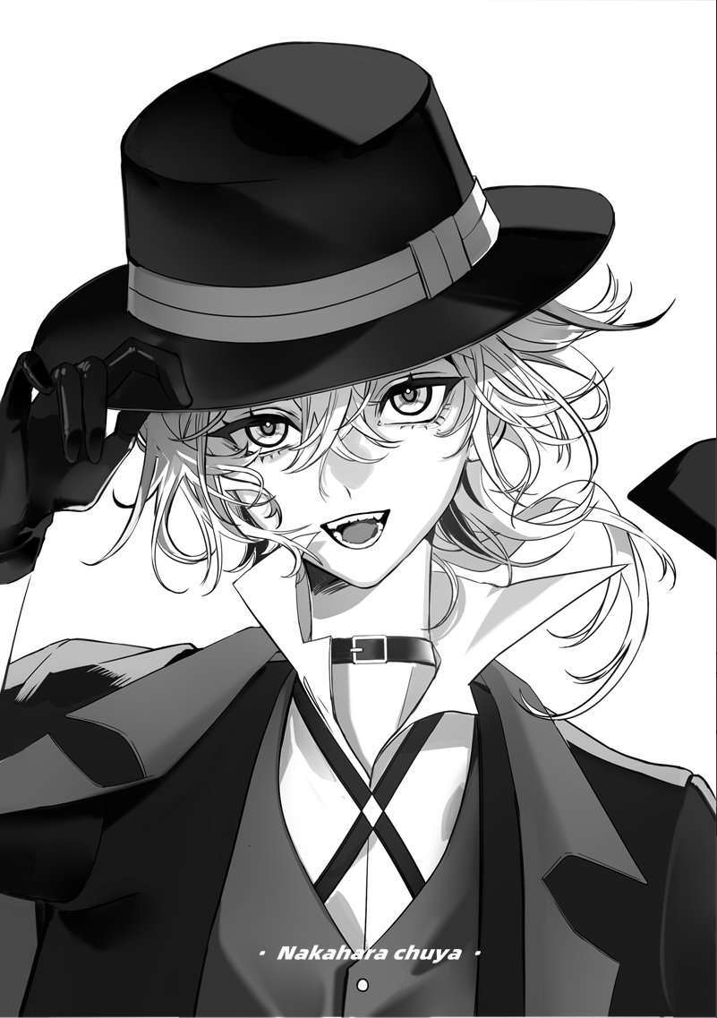 1boy black_jacket bungou_stray_dogs character_name choker collared_shirt greyscale hat jacket long_hair long_sleeves looking_at_viewer low_ponytail male_focus mizumoe monochrome nakahara_chuuya open_mouth shirt smile solo vest white_background