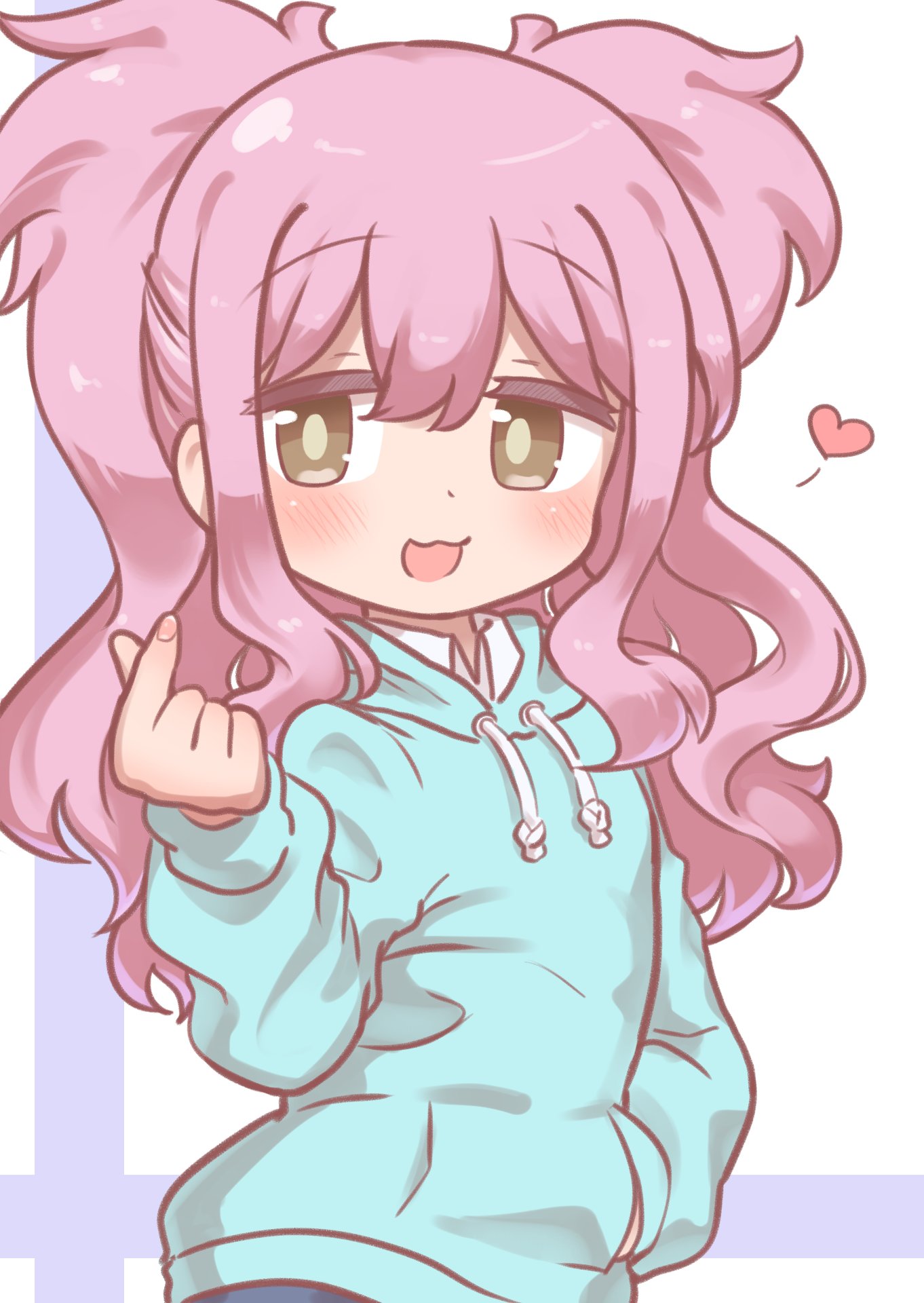 1girl :3 :d aqua_hoodie brown_eyes commentary drawstring finger_heart hair_between_eyes hand_in_pocket highres hood hood_down light_blush long_hair long_sleeves looking_at_viewer nagase_miyako niwasan111 onii-chan_wa_oshimai! open_mouth pink_hair sidelocks simple_background smile solo two_side_up upper_body white_background wing_collar