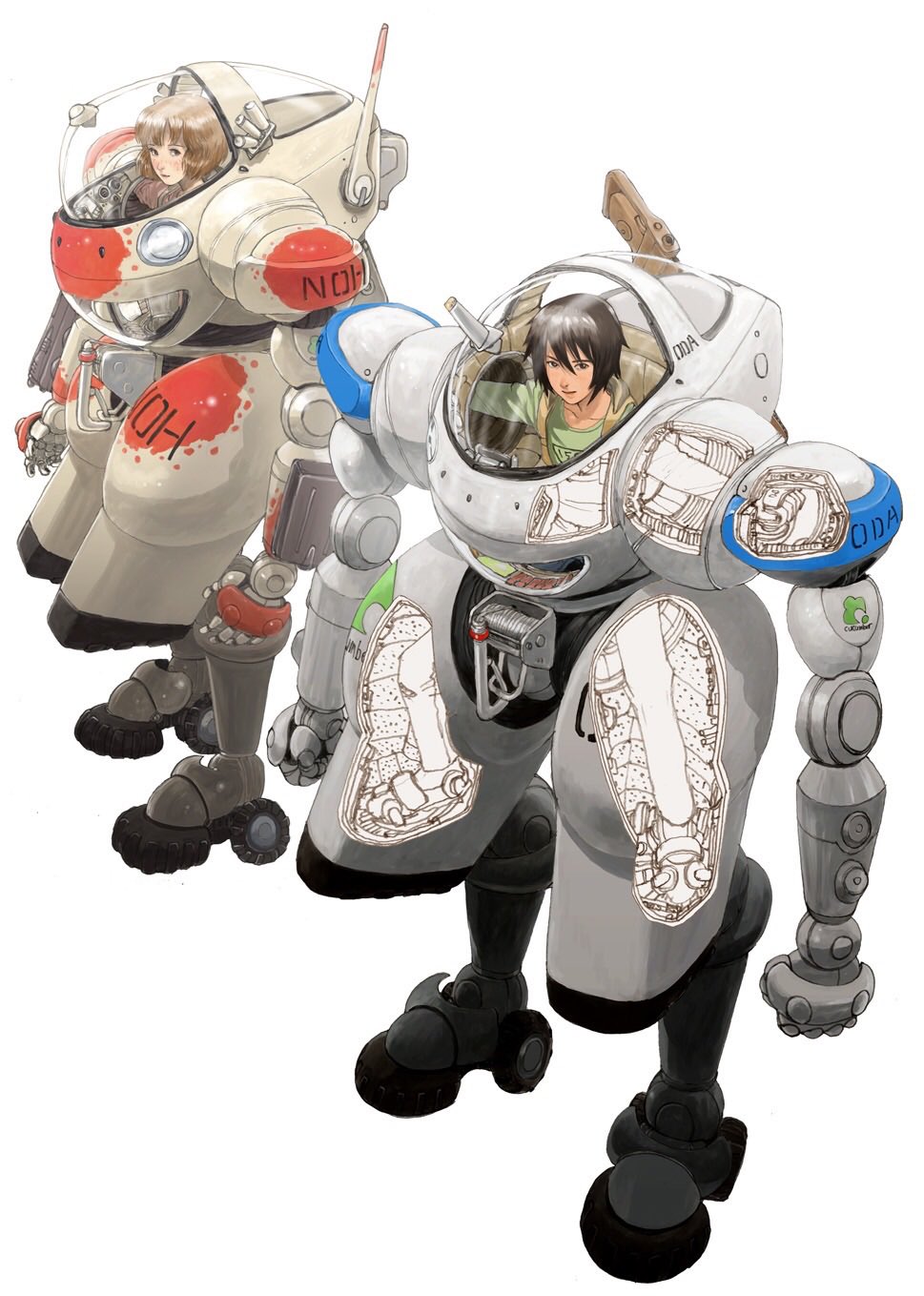 1boy 1girl black_hair blush bob_cut brown_eyes brown_hair canopy_(aircraft) full_body green_shirt hair_between_eyes highres kasahara_tetsurou looking_at_viewer mecha open_mouth original pink_shirt robot science_fiction shirt short_hair simple_background smile standing white_background x-ray