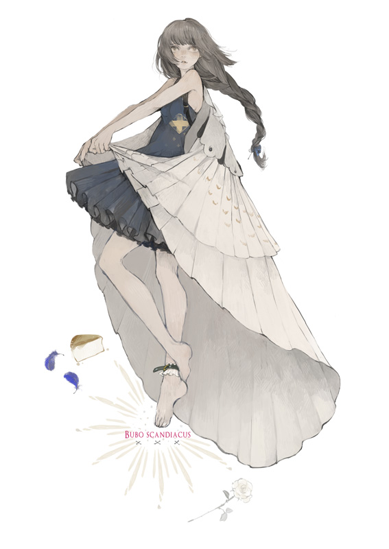 1girl ankle_garter bare_arms bare_shoulders barefoot braid breasts cape cloak commentary_request dress feathers full_body grey_dress grey_hair long_hair looking_at_viewer low-tied_long_hair nekosuke_(oxo) off_shoulder original parted_lips short_dress simple_background sleeveless sleeveless_dress small_breasts solo standing white_background white_cape