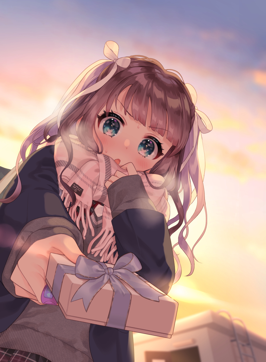 1girl :o aqua_eyes bandaid bandaid_on_hand blush brown_hair commentary_request dusk from_below gift hair_ribbon highres long_hair long_sleeves looking_at_viewer original outdoors pico_(p_i_c_o) ribbon scarf school_uniform tsundere upper_body valentine white_ribbon