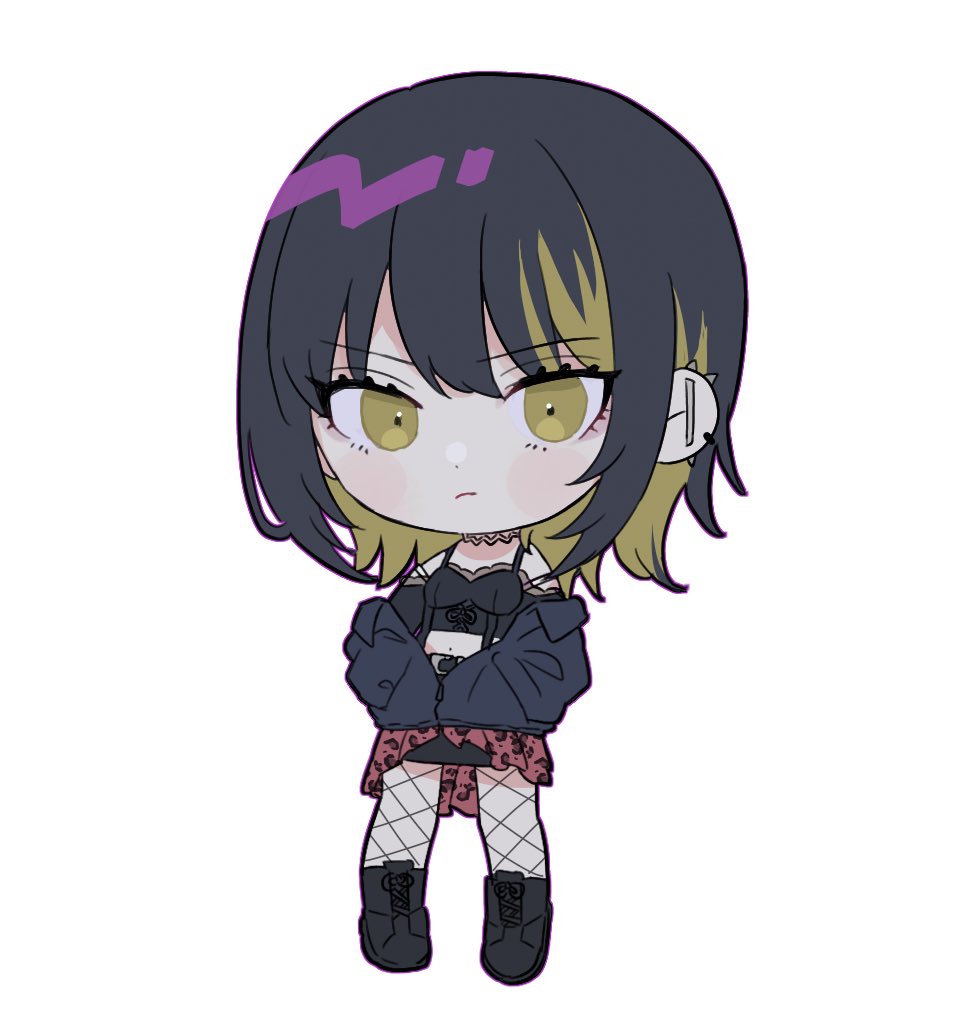 1girl animal_print black_footwear black_hair black_jacket black_shirt black_skirt blonde_hair blush_stickers boots chibi choker crop_top dot_nose eyelashes fishnet_pantyhose fishnets hands_in_pockets idolmaster idolmaster_shiny_colors ikaruga_luca jacket jacket_over_shoulder jacket_removed long_sleeves looking_at_viewer midriff multicolored_hair navel pantyhose serious shirt short_hair sidelocks sio_anko2 skirt solo two-tone_hair white_background yellow_eyes