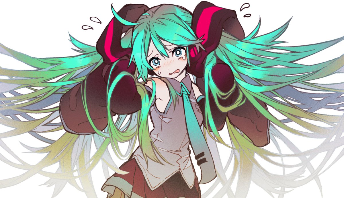 1girl aqua_hair aqua_necktie black_skirt blue_hair blush detached_sleeves flying_sweatdrops green_hair grey_shirt hair_ornament hatsune_miku inazumrai long_hair looking_at_viewer multicolored_hair necktie pleated_skirt shirt simple_background skirt sleeveless sleeveless_shirt sleeves_past_fingers sleeves_past_wrists solo sweat tears twintails very_long_hair vocaloid white_background wide_sleeves