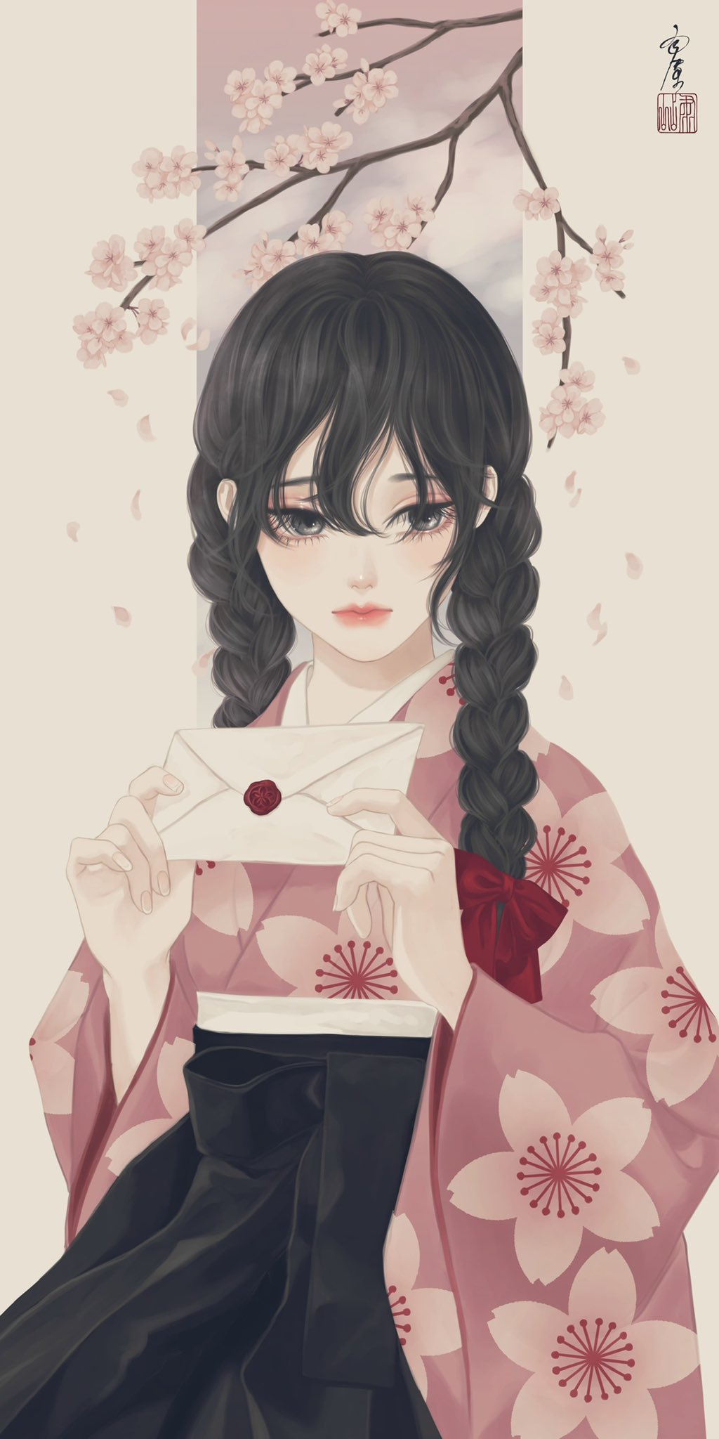 1girl black_eyes black_hair black_hakama black_skirt braid branch cherry_blossom_print cherry_blossoms closed_mouth commentary_request envelope floral_print flower hair_between_eyes hair_over_shoulder hair_ribbon hakama hakama_skirt highres holding holding_envelope holding_letter japanese_clothes kimono letter long_hair long_sleeves looking_at_viewer original outside_border petals pink_flower pink_kimono print_kimono red_ribbon ribbon seal_impression signature skirt solo twin_braids ushiyama_ame wax_seal wide_sleeves