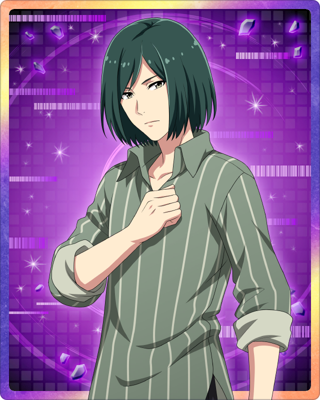 1boy clenched_hand collared_shirt green_hair green_shirt idolmaster idolmaster_side-m idolmaster_side-m_growing_stars kiyosumi_kuro male_focus official_art shirt sleeves_rolled_up solo striped striped_shirt
