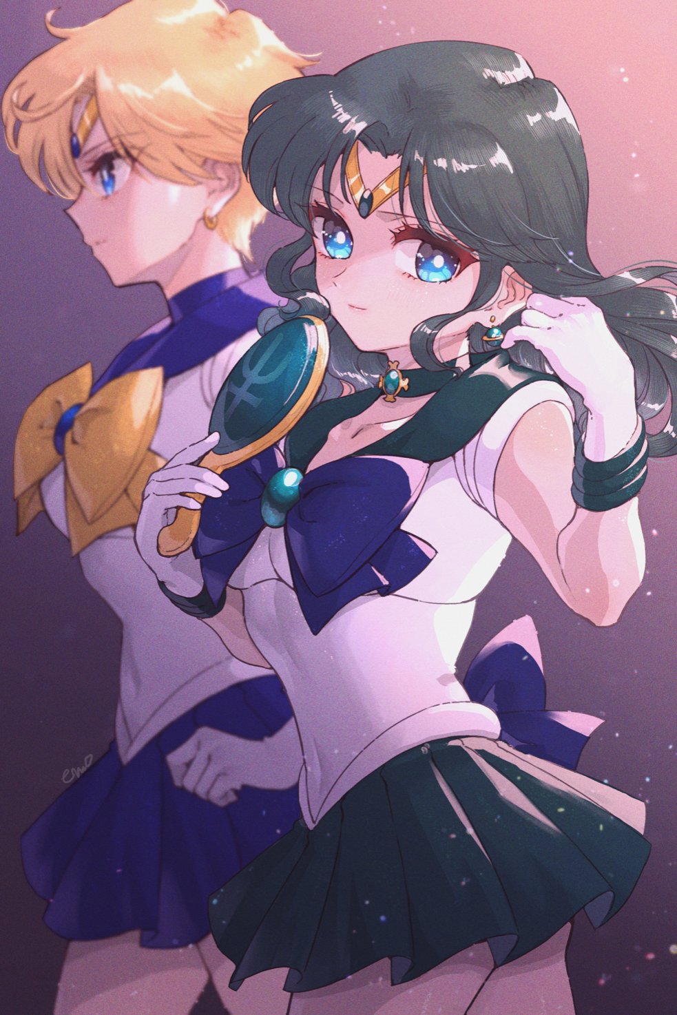 2girls aqua_eyes aqua_gemstone aqua_hair aqua_sailor_collar aqua_skirt back_bow bishoujo_senshi_sailor_moon blonde_hair blue_bow blue_bowtie blue_choker blue_eyes blue_sailor_collar blue_skirt bow bowtie choker circlet earrings elbow_gloves gloves highres jewelry kaiou_michiru long_hair looking_at_viewer miniskirt multiple_girls parted_bangs pleated_skirt sailor_collar sailor_neptune sailor_senshi_uniform sailor_uranus shirt short_hair short_sleeves skirt ten'ou_haruka very_short_hair wavy_hair white_gloves white_shirt yellow_bow yellow_bowtie yyemoyy