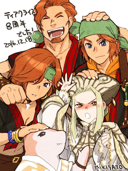 2boys 2girls beard blue_eyes blush breasts choker closed_mouth commentary creature dromon_(suikoden) earrings facial_hair felecca_(suikoden) gensou_suikoden gensou_suikoden_tierkreis hat hina_(suikoden) hoop_earrings jewelry looking_at_viewer mikisato multiple_boys multiple_girls open_mouth orange_hair short_hair siblings simple_background smile white_background xebec_(suikoden)