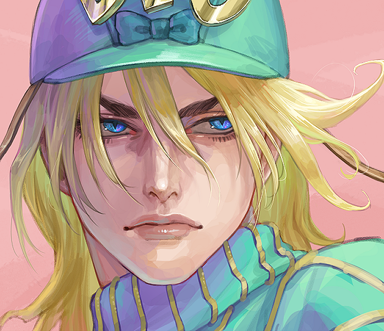 1boy blonde_hair blue_eyes blue_headwear blue_sweater closed_mouth commentary_request diego_brando hat jojo_no_kimyou_na_bouken lips long_hair looking_away male_focus oniyanagi pink_background portrait simple_background slit_pupils solo steel_ball_run sweater turtleneck turtleneck_sweater