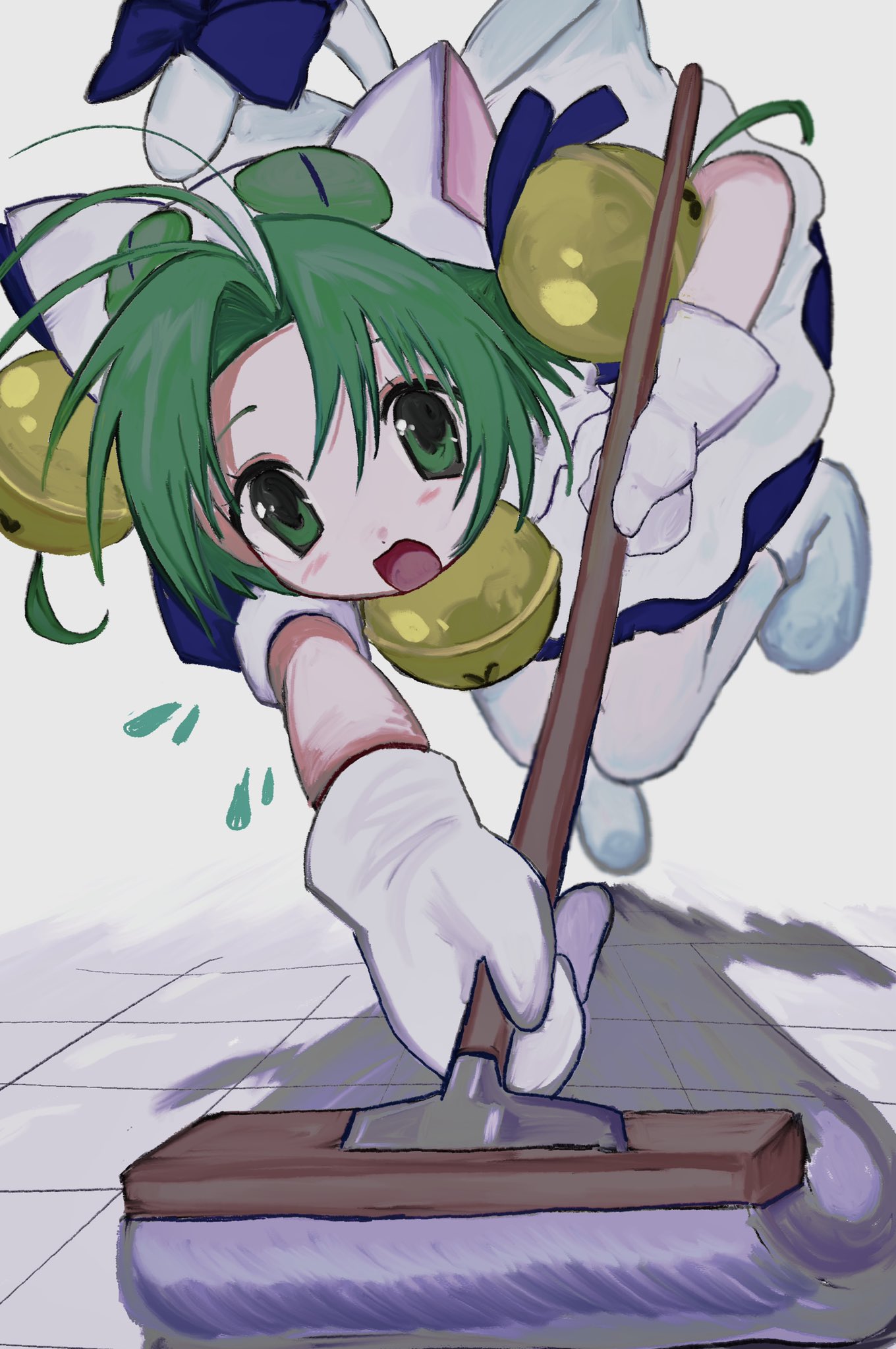 1girl animal_ears animal_hands animal_hat antenna_hair apron bell cat_ears cat_hat dejiko di_gi_charat gloves green_eyes green_hair hair_bell hair_ornament hat highres looking_at_viewer maid_apron paw_gloves paw_shoes pepeppepe101 short_hair white_mittens