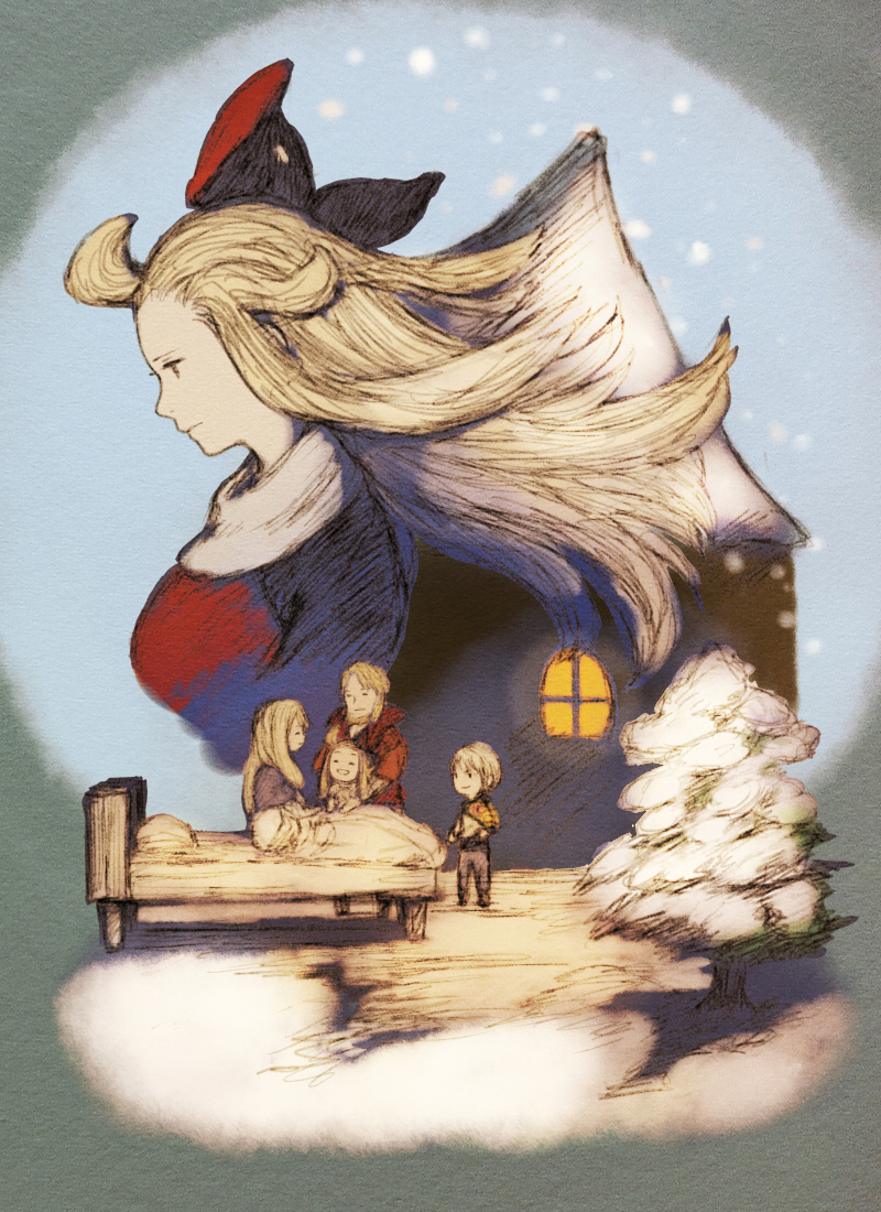 2boys 2girls anazel_d bed blonde_hair bow brave_lee bravely_default:_flying_fairy bravely_default_(series) closed_mouth dress edea_lee father_and_daughter hair_bow house long_hair maekakekamen mahzer_lee mother_and_daughter multiple_boys multiple_girls profile sitting smile snow tree