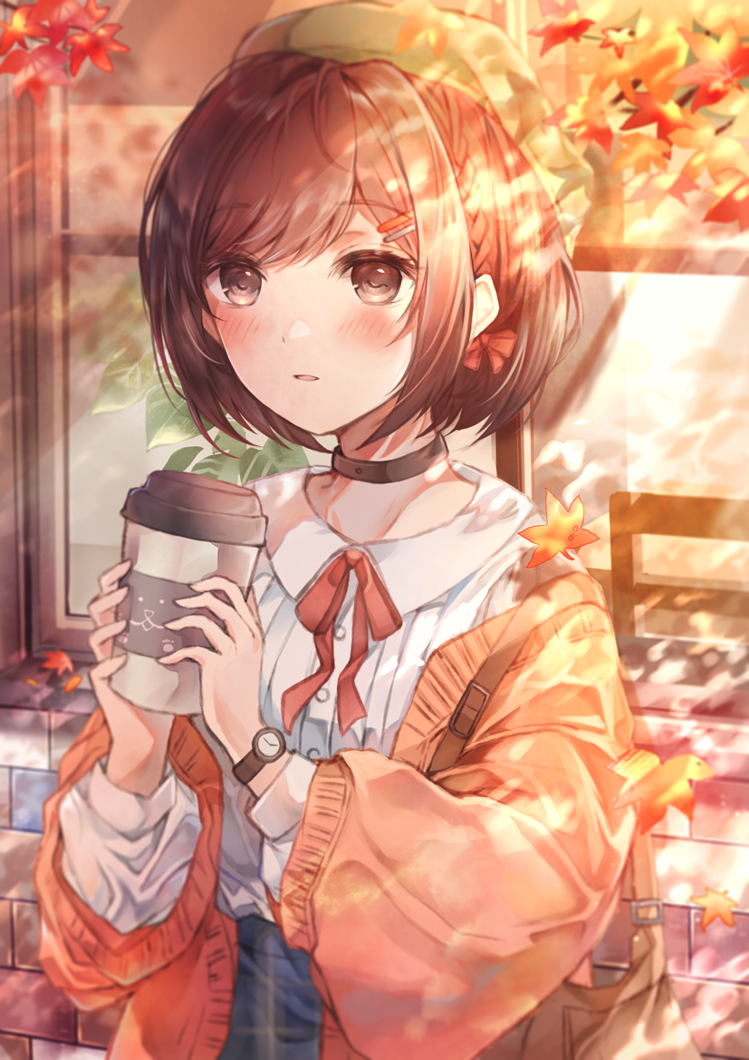 1girl 25-ji_nightcord_de._(project_sekai) autumn_leaves bag black_choker blush bow brown_eyes brown_hair choker commentary_request cup disposable_cup drink hair_bow hair_ornament hairclip holding holding_cup holding_drink jacket jacket_partially_removed leaf long_sleeves maple_leaf namamake neck_ribbon orange_jacket parted_lips project_sekai red_bow ribbon shinonome_ena shirt short_hair solo standing upper_body watch watch white_shirt yellow_headwear