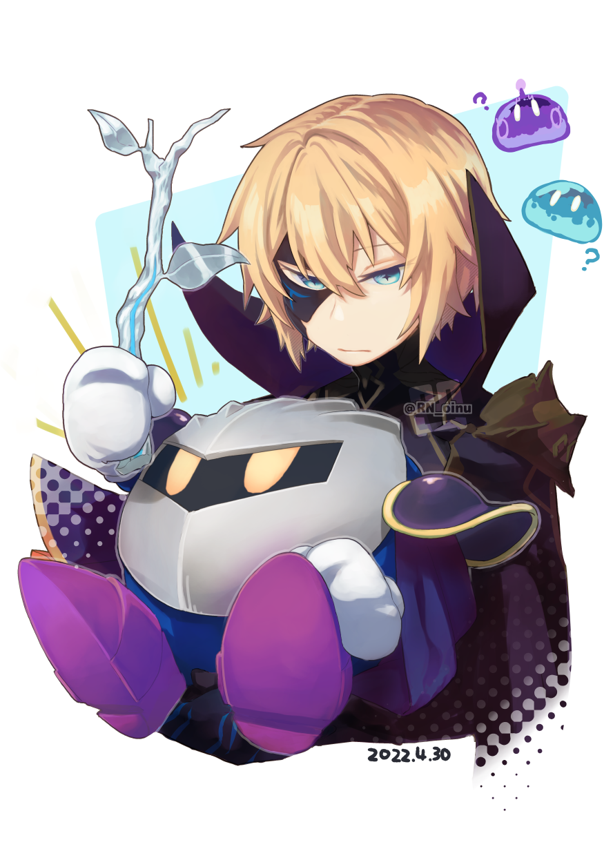 2boys ? blonde_hair blue_eyes cape commentary_request crossover dainsleif_(genshin_impact) genshin_impact highres kirby_(series) looking_down looking_up male_focus mask meta_knight multiple_boys oinu_(magrosuki) purple_footwear slime_(creature) slime_(genshin_impact) stick yellow_eyes