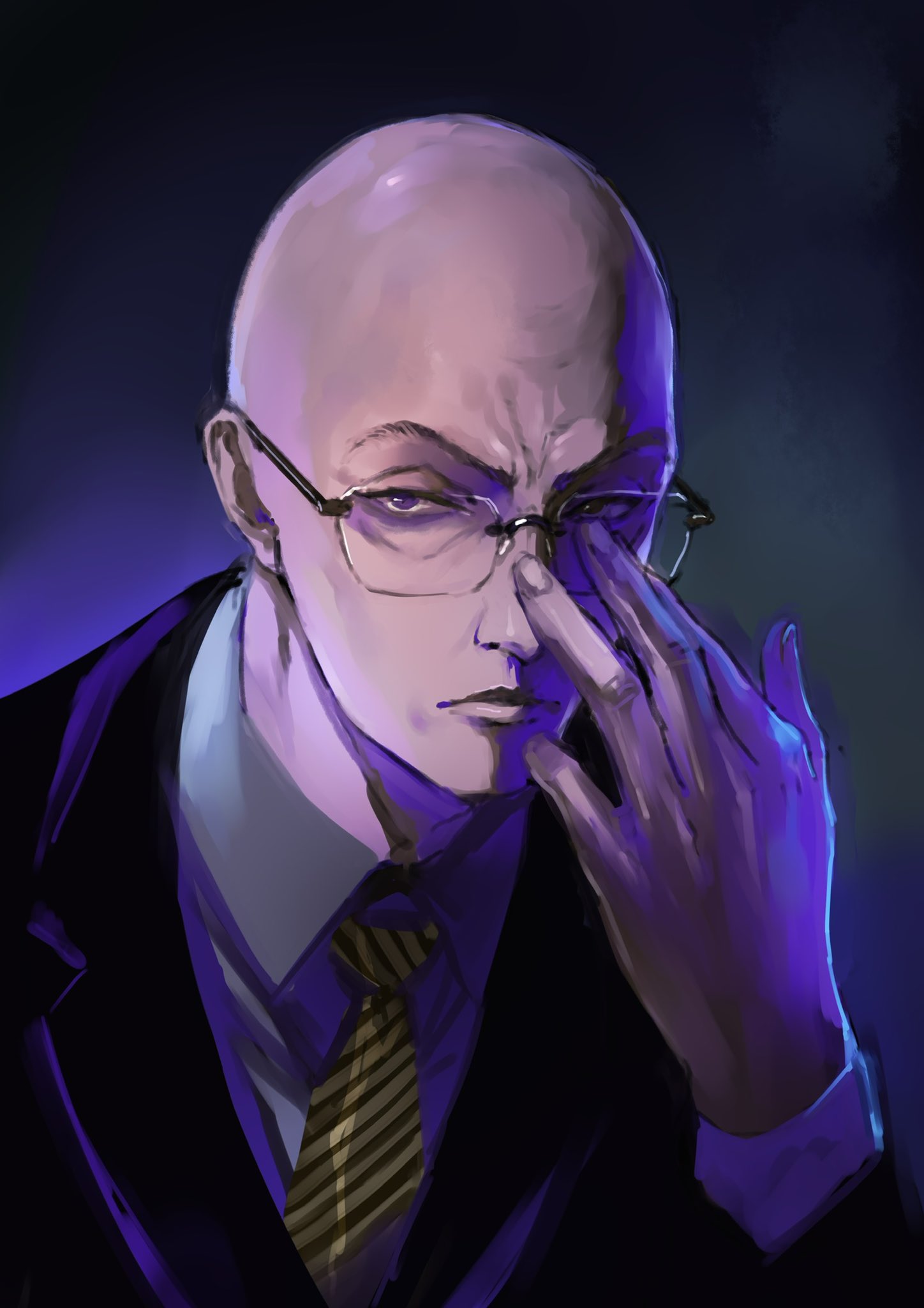 1boy adjusting_eyewear bald character_request commentary_request copyright_request dark_background diagonal-striped_necktie formal glasses highres kishida_mel long_sleeves looking_at_viewer male_focus shirt solo suit upper_body white_shirt