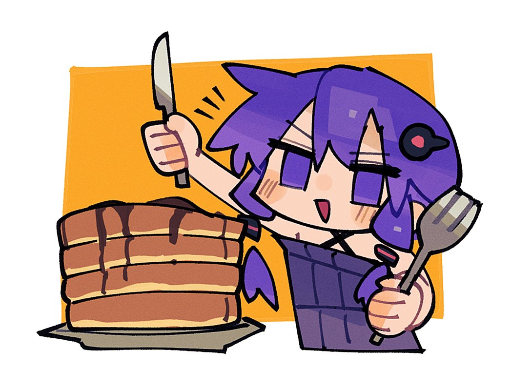 1girl adpx arm_up bare_shoulders blush_stickers border chibi commentary_request cropped_torso detached_hair dress food fork hair_ornament halter_dress halterneck holding holding_fork holding_knife knife maple_syrup no_pupils notice_lines open_mouth orange_background outside_border pancake pancake_stack purple_dress purple_hair short_hair_with_long_locks smile solo v-shaped_eyebrows violet_eyes vocaloid voiceroid white_border yuzuki_yukari