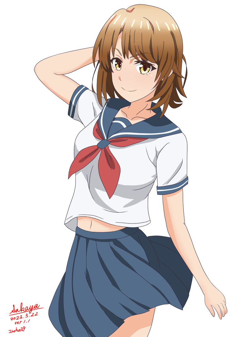 1girl alternate_costume arm_behind_head arm_up blue_sailor_collar blue_skirt breasts brown_eyes brown_hair closed_mouth dated isshiki_iroha looking_at_viewer medium_breasts navel neckerchief pleated_skirt red_neckerchief sailor_collar sakayaya school_uniform serafuku shirt short_sleeves signature simple_background skirt smile solo white_background white_shirt yahari_ore_no_seishun_lovecome_wa_machigatteiru.