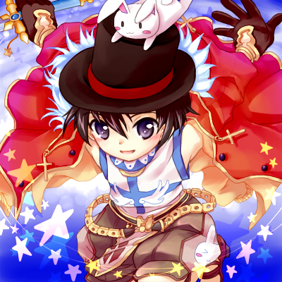 1boy :3 arms_behind_back black_eyes black_hair black_headwear blue_background brown_gloves brown_shorts cape commentary_request cross feet_out_of_frame gloves hair_between_eyes hat looking_at_viewer lowres male_focus open_mouth rabbit ragnarok_online red_cape shiosumi_aya shirt short_hair shorts sleeveless sleeveless_shirt smile solo star_(symbol) super_novice_(ragnarok_online) top_hat white_shirt