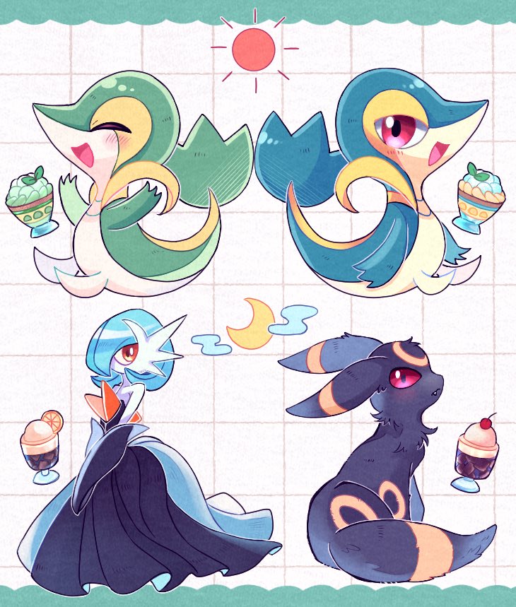 alternate_color cherry closed_eyes closed_mouth clouds crescent followers_favorite_challenge food fruit full_body gardevoir grid_background ice_cream ice_cream_float mint mochopaccho multiple_drawing_challenge open_mouth pokemon pokemon_(creature) red_eyes shiny_pokemon snivy sun_symbol sundae umbreon