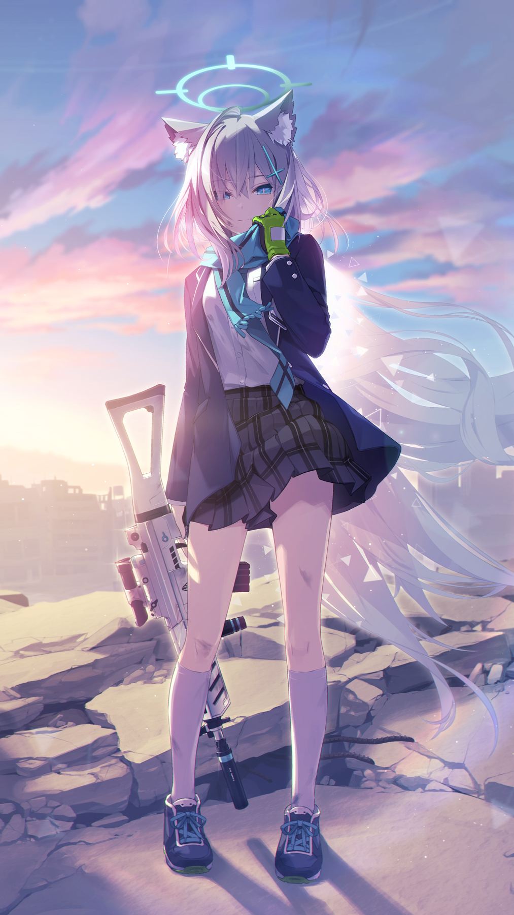 1girl adjusting_scarf aged_up alternate_hairstyle animal_ear_fluff animal_ears assault_rifle azumi_akitake backlighting blazer blue_archive blue_eyes blue_necktie blue_scarf building clouds cloudy_sky collared_shirt commentary_request cross_hair_ornament full_body grey_hair gun hair_between_eyes hair_ornament halo highres holding holding_gun holding_weapon jacket kneehighs long_hair long_sleeves looking_at_viewer mismatched_pupils necktie plaid plaid_skirt pleated_skirt rifle scarf school_uniform shiroko_(blue_archive) shirt shoes sidelocks sig_sauer_556 skirt sky skyline skyscraper smile sneakers socks solo standing twilight two-tone_gloves very_long_hair weapon white_shirt white_socks wind wolf_ears wolf_girl