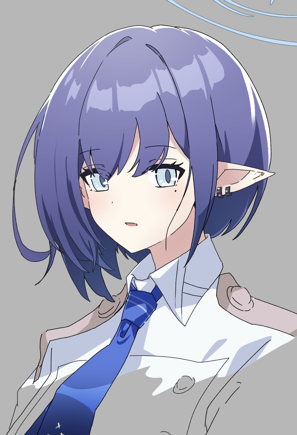 1girl aoi_(blue_archive) blue_archive blue_eyes blue_hair blue_necktie collared_jacket earclip epaulettes grey_background highres jacket kirigakure_(user_yvtj2773) looking_at_viewer mole mole_under_eye necktie parted_lips pointy_ears portrait short_hair simple_background sketch solo white_jacket