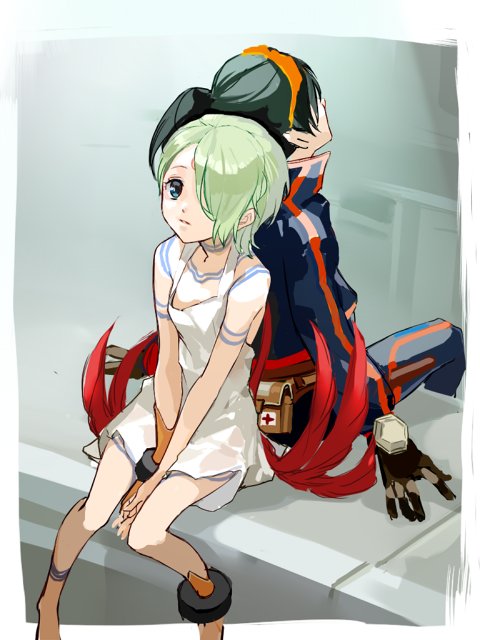 1boy 1girl artist_request barefoot blue_eyes breath_of_fire breath_of_fire_v dress facial_mark full-body_tattoo gloves green_hair hair_over_one_eye jewelry looking_at_viewer nina_(breath_of_fire_v) red_wings ryuu_(breath_of_fire_v) short_hair sitting tattoo white_dress wings